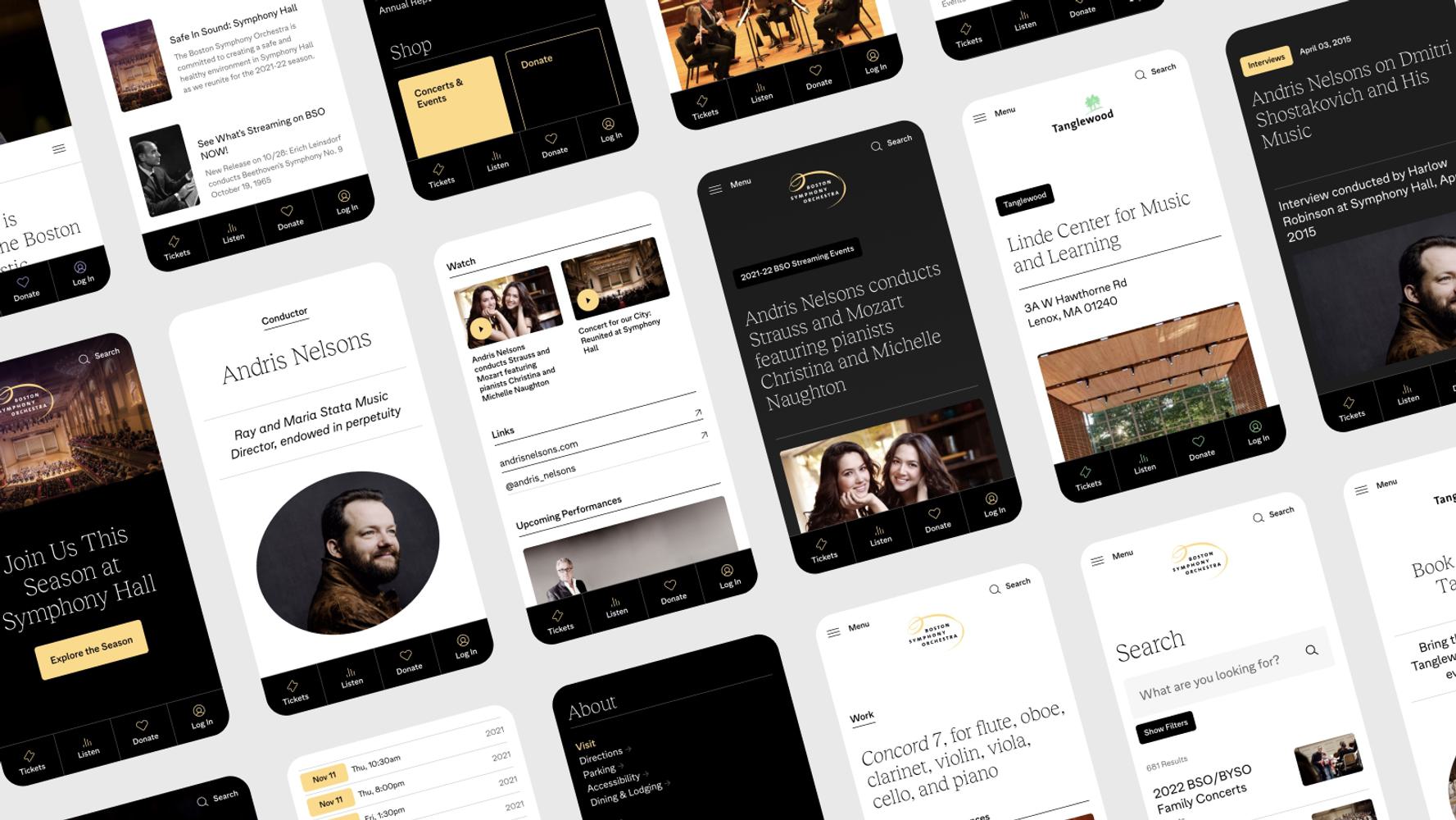 A collage of smartphone screens displaying various pages of the Boston Symphony Orchestra's website.