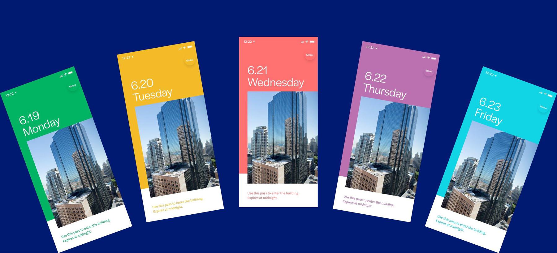 A series of five smartphone screens each show an event page for a different day on the Beacon Passport app. Each screen shows the date, a time, and a background image of a tall building. The screens are labeled Monday, Tuesday, Wednesday, Thursday, and Friday with different colors.