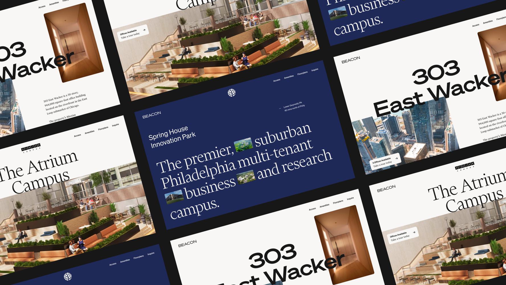 A collage of website layouts featuring images of modern buildings and text. Prominent headlines read “303 East Wacker” and “The Atrium Campus.” Central text describes “Spring House Innovation Park” as a suburban multi-tenant business and research campus.
