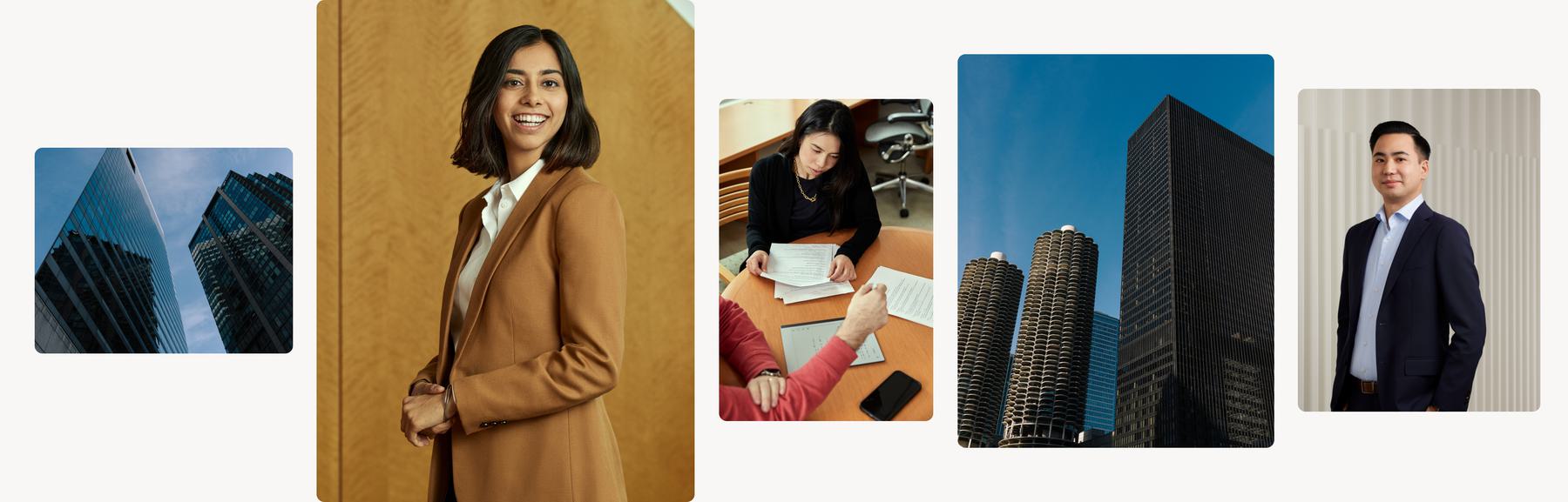 A collage of images featuring two professionals, a woman in a brown blazer and a man in a dark suit, cityscapes with tall buildings, and a group working at a table reviewing documents. The images are set against a plain background.