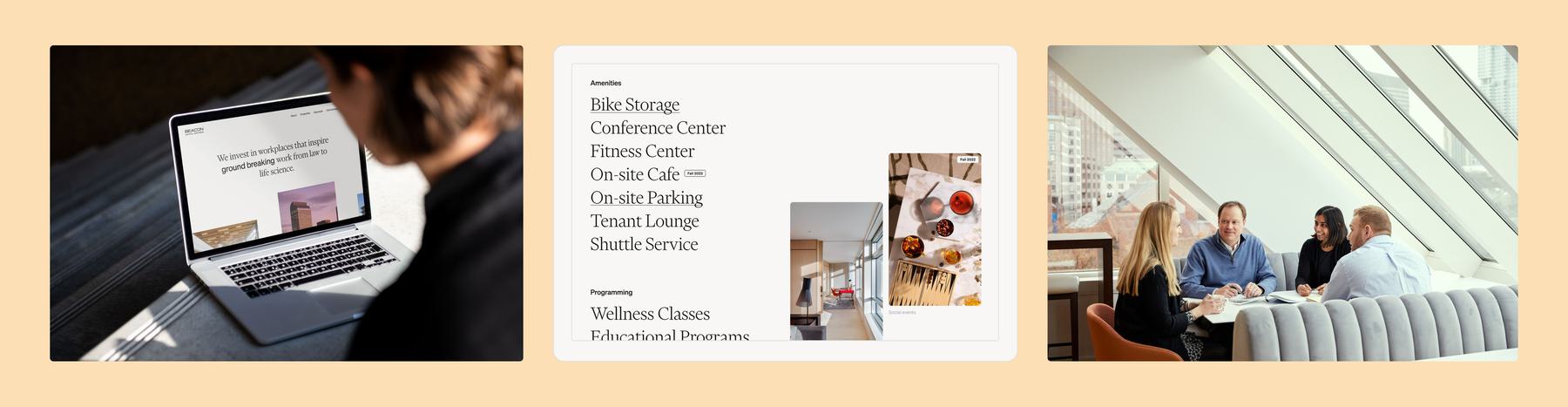 A collage of three images: Left - person working on a laptop. Middle - list of amenities including bike storage, conference center, and more next to images of a breakfast and a meeting. Right - four people engaged in a discussion around a table near large windows.