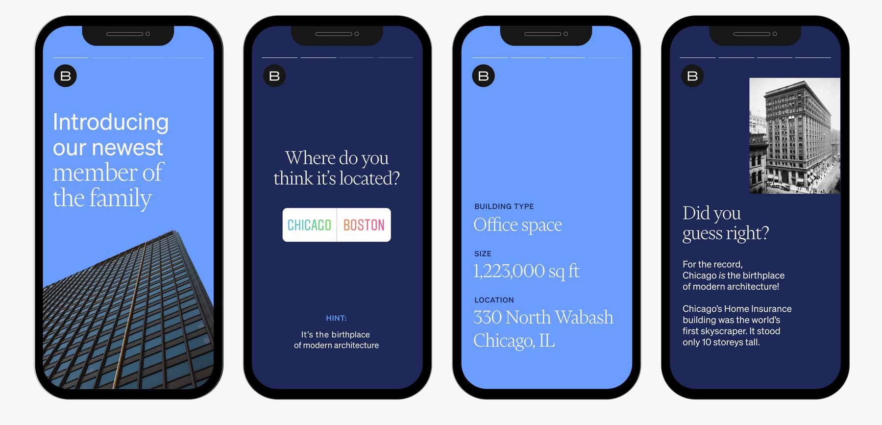 A sequence of four smartphone screens displaying information about a modern building as social media images. The screens reveal a trivia question about the location of the building, hinting it's in the birthplace of modern architecture, and confirming the building is in Chicago, IL.