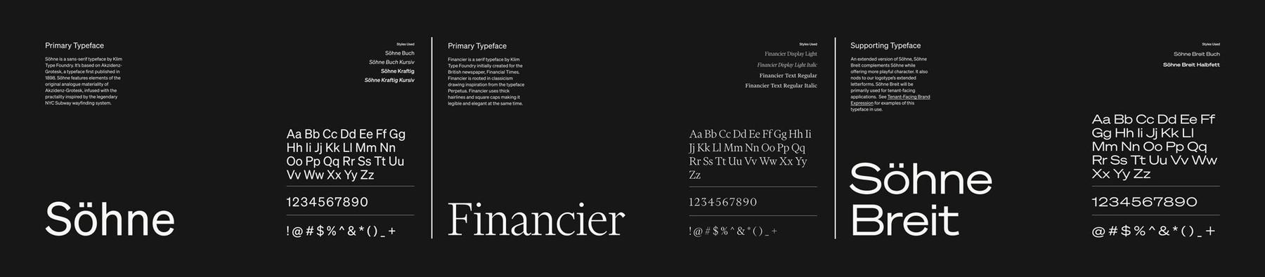 Three different typeface samples with alphabetic characters and numerals. The typefaces are titled "Söhne," "Financier," and "Söhne Breit."