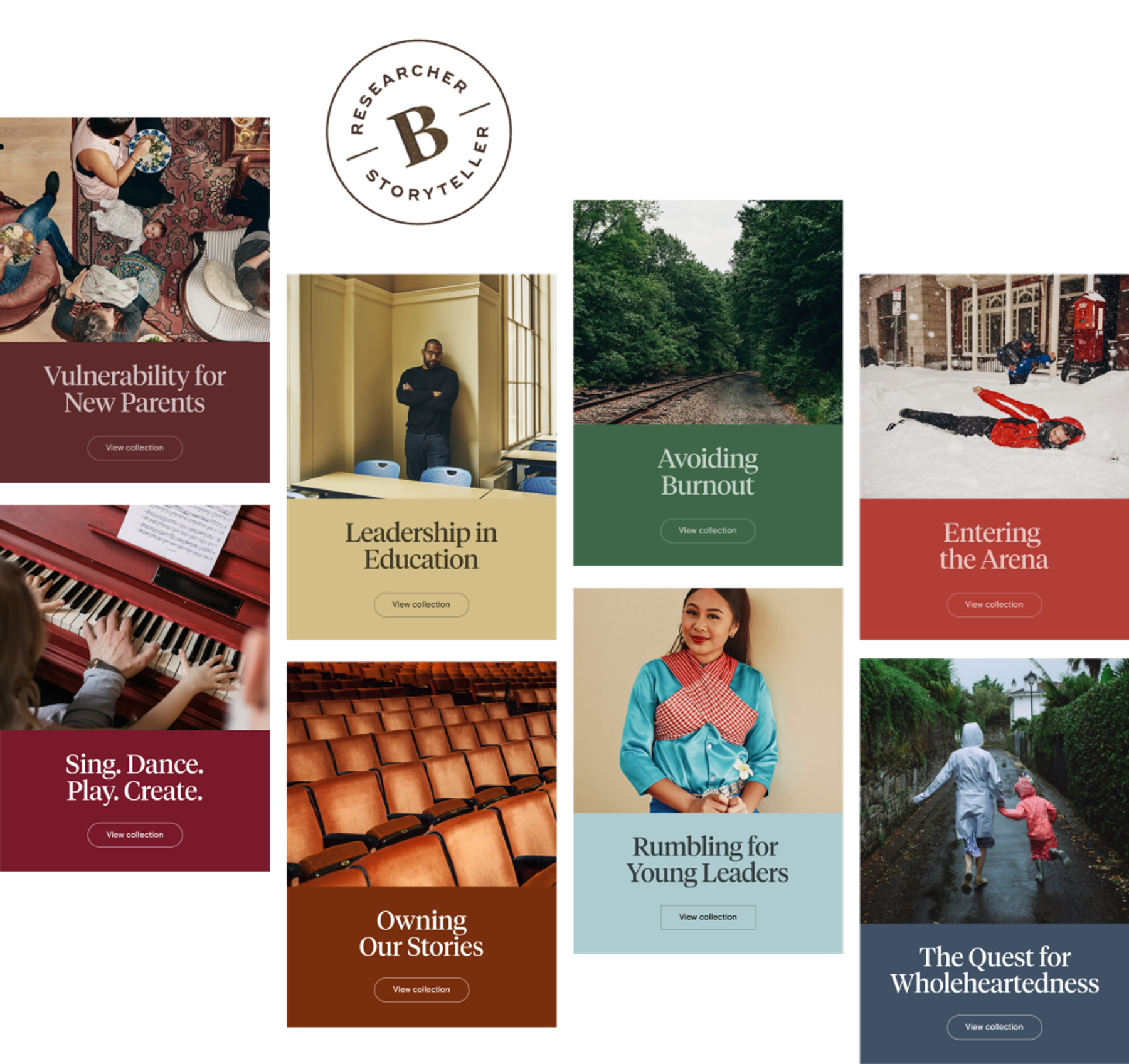 A grid displaying eight books with titles: "Vulnerability for New Parents," "Leadership in Education," "Avoiding Burnout," "Entering the Arena," "Sing. Dance. Play. Create.," "Owning Our Stories," "Rumbling for Young Leaders," and "The Quest for Wholeheartedness.