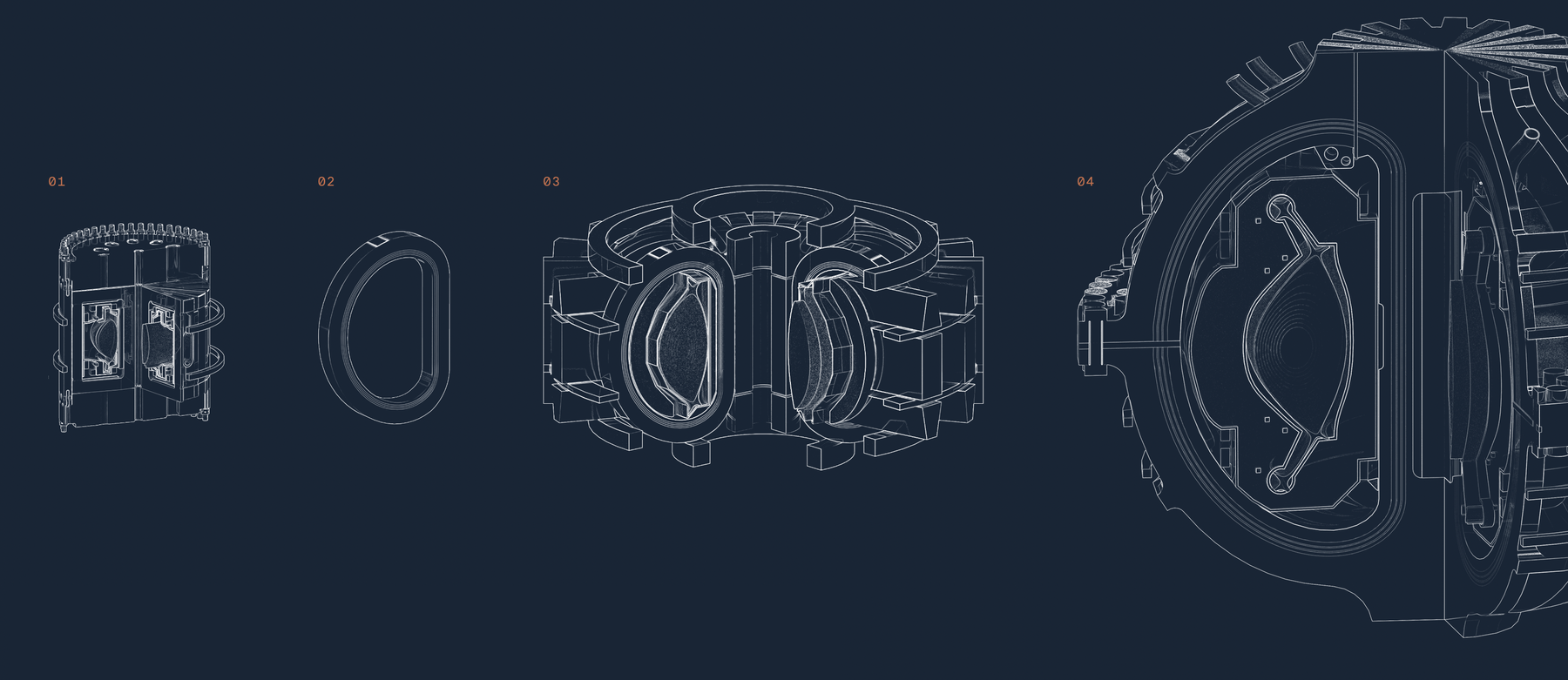 A technical blueprint depicting a series of detailed diagrams illustrating different components a fusion reactor.