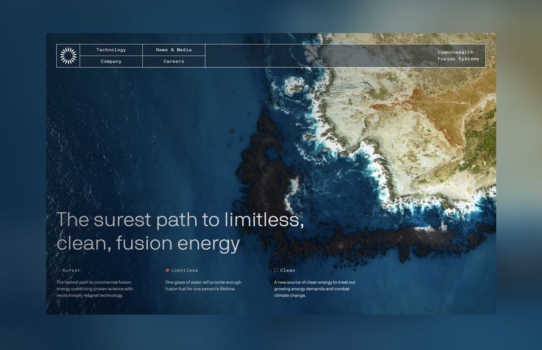 The CFS website homepage showcasing an aerial view of a coastline, promoting clean fusion energy.