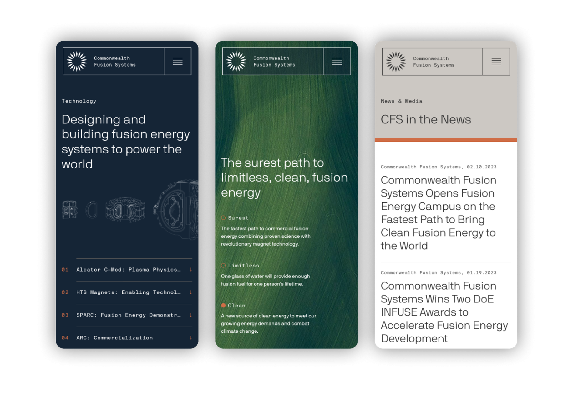 Three mobile screens display content from the Commonwealth Fusion Systems website. The first screen has an article on building fusion energy systems, the second discusses the path to clean fusion energy, and the third features news articles about the company.