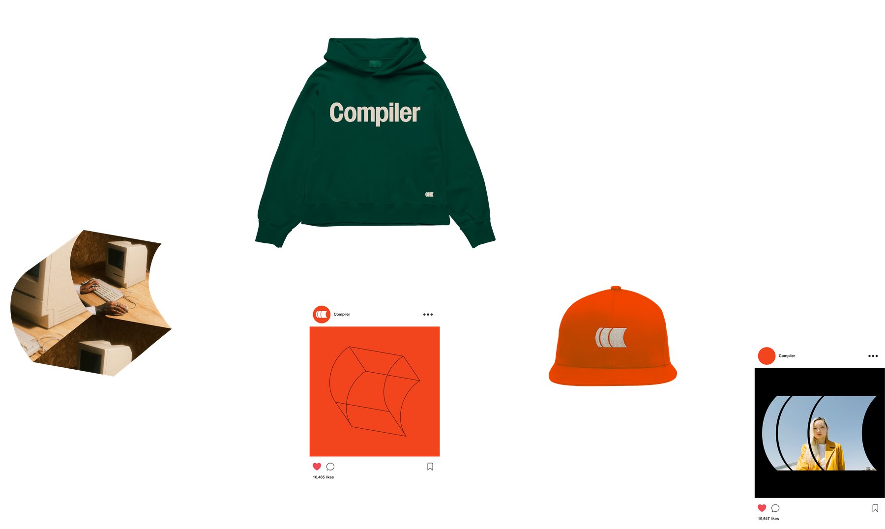 Compiler-branded materials including a social media post, a sweatshirt, and a hat.