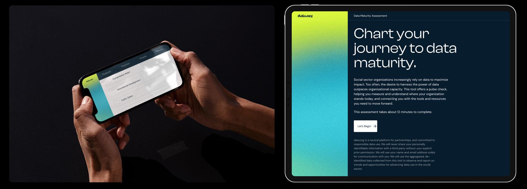 A person holds a smartphone showing a data maturity assessment form on the left. On the right side of the image, a tablet screen displays the headline "Chart your journey to data maturity" on the data.org website.