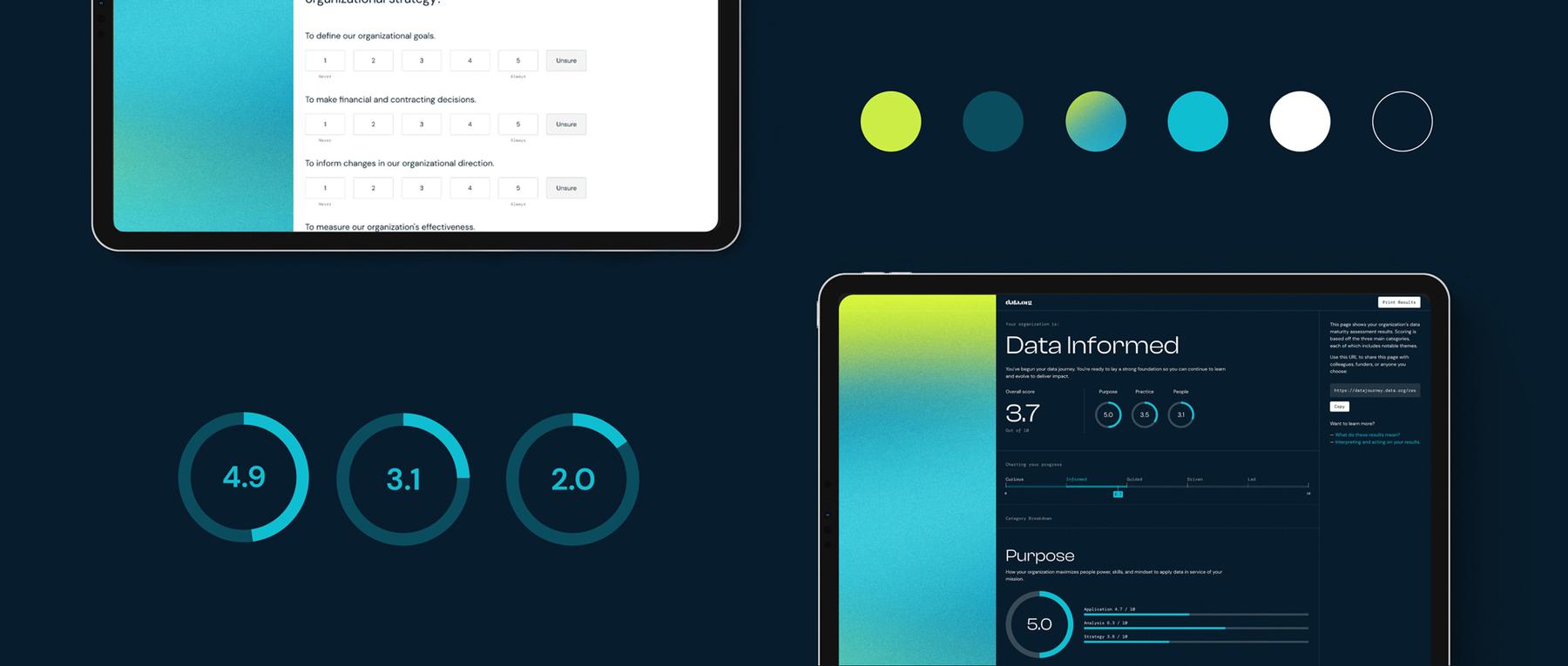 A dark-themed data dashboard displayed on two tablet screens, accompanied by six color swatches in different colors and gradients. Circular progress indicators show different values.