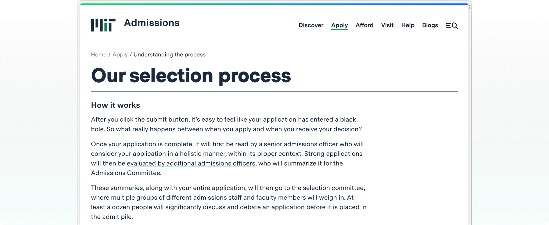 A page from the MIT Admissions website titled "Our selection process"