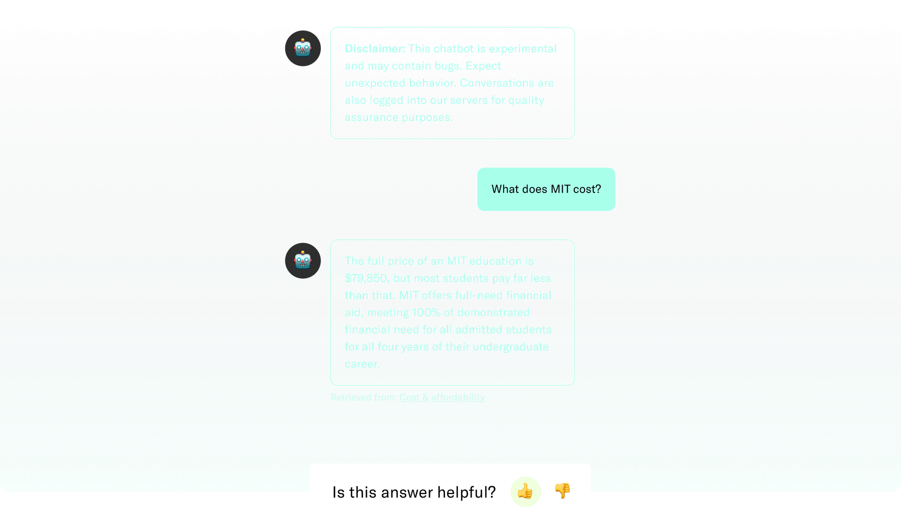 A conversation between a user and a chatbot starting with a disclaimer stating it's experimental and a prompt for the user to indicate whether the response was helpful or not at the end.