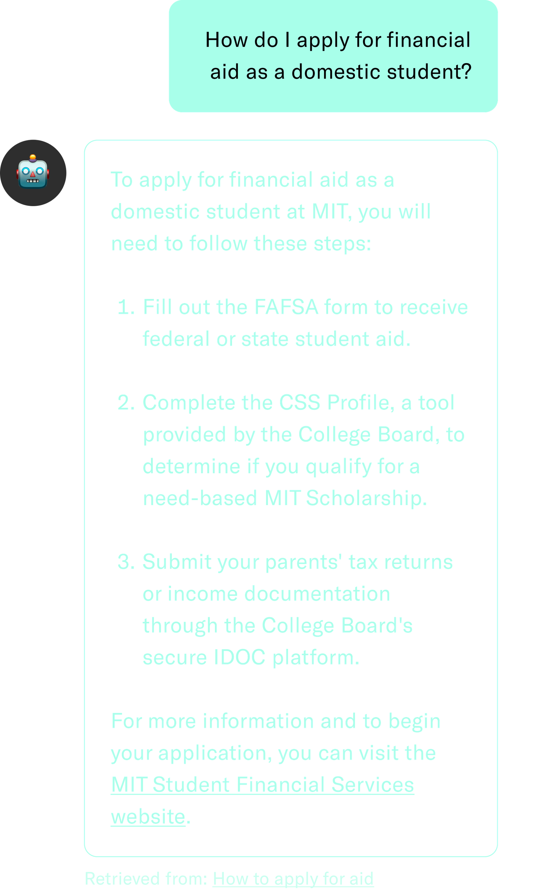 A conversation between a user and a chatbot. The user asks "How do I apply for financial aid as a domestic student?" and the chatbot replies with steps and a link.