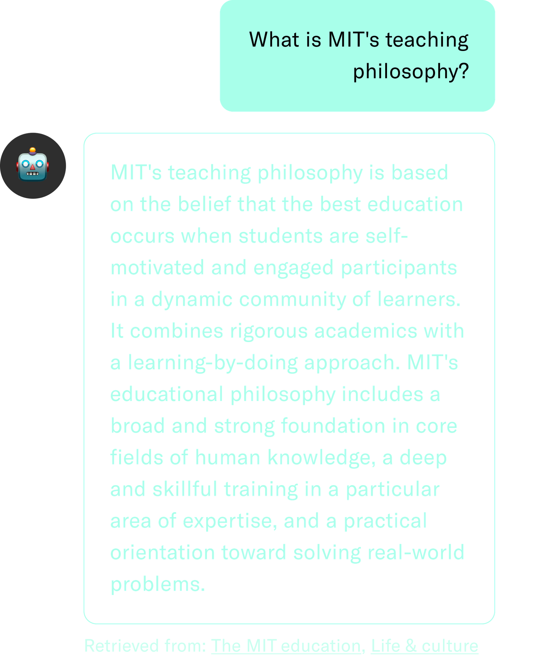 A conversation between a user and a chatbot. The user asks "What is MIT's teaching philosophy?" and the chatbot replies with MIT's belief in a learning-by-doing approach with self-motivated students, combining rigorous academics, core knowledge, deep skill training, expertise, and practical problem-solving.