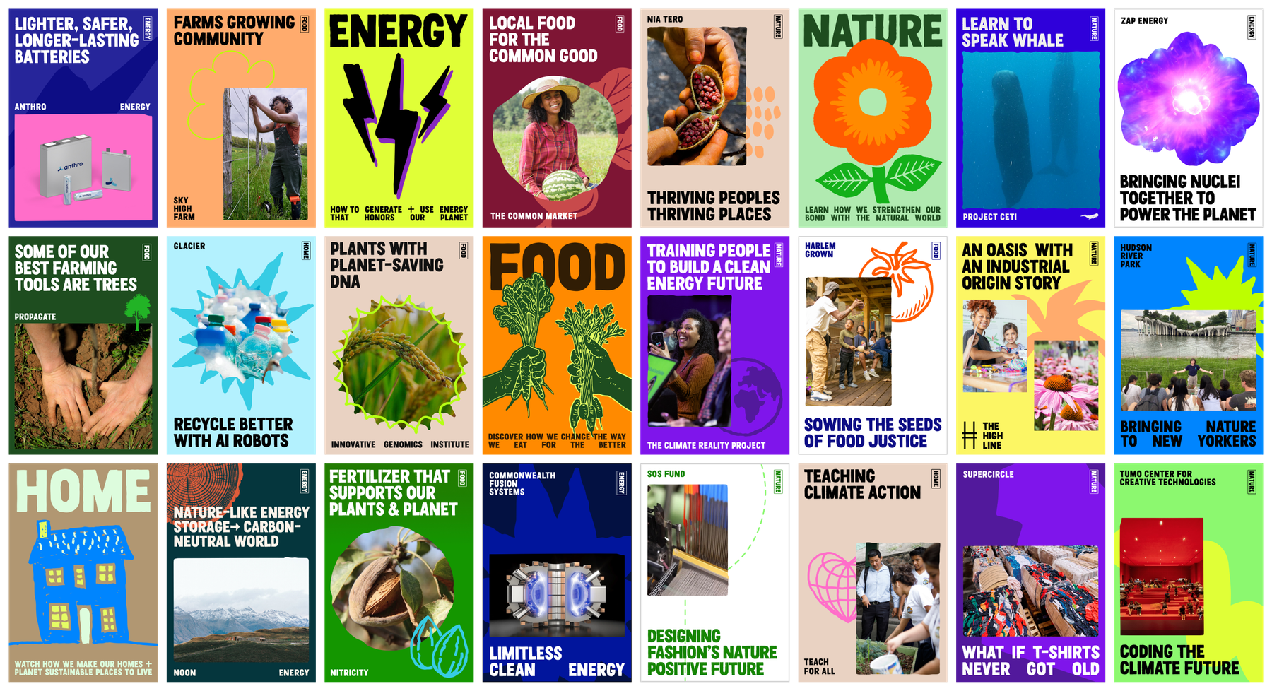 Colorful posters showing breakthroughs in recycling, clean energy, composting, and more.