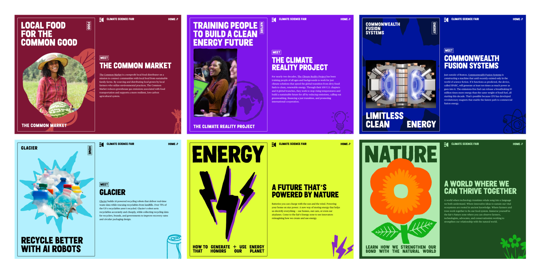 Colorful posters showing breakthroughs in recycling, clean energy, composting, and more.