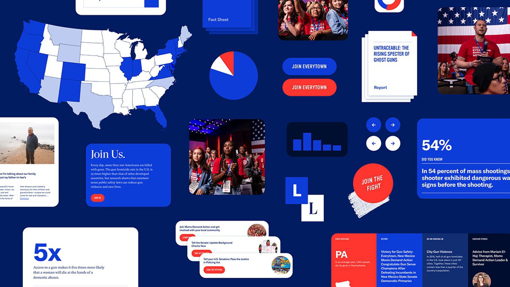 A collage of advocacy materials against gun violence featuring statistics, maps, and call-to-action buttons.