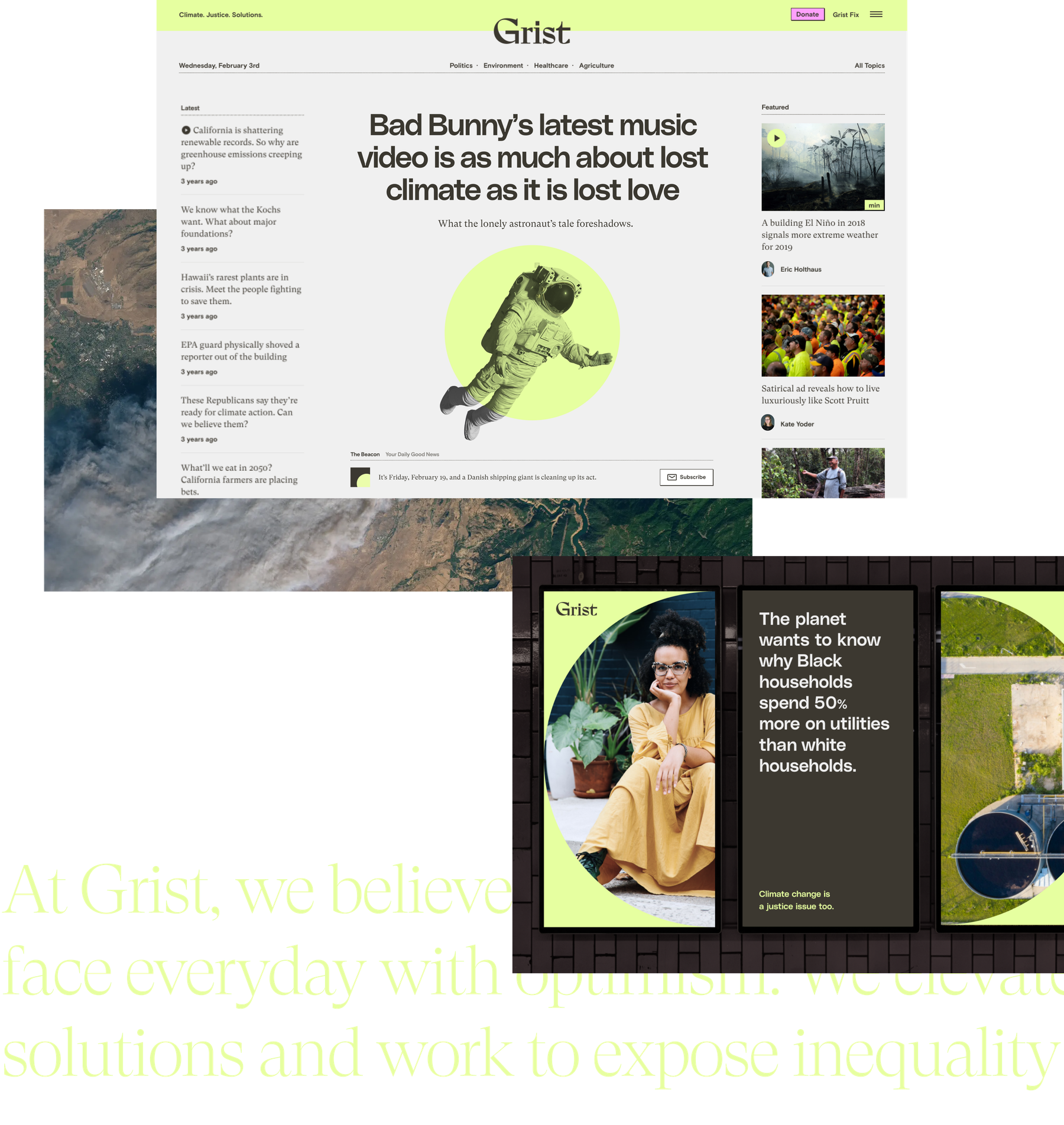 A collage of an article page from the Grist website discussing a Bad Bunny music video and its connection to climate issues with a Grist billboard and text stating Grist's mission on climate and equity.