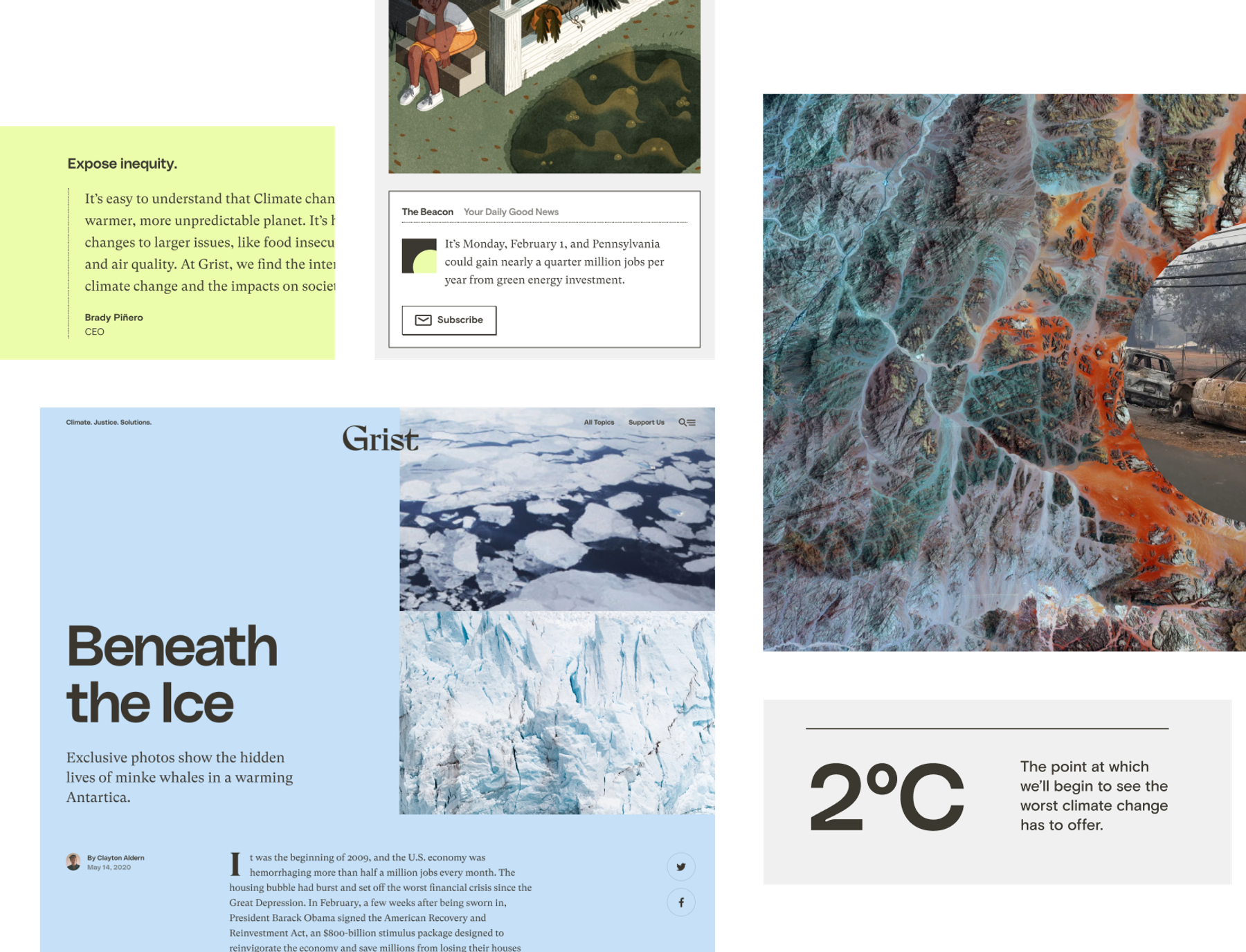 A collage of various environmental images and texts from the Grist website. Includes a climate change newsletter signup, articles on climate impacts and Antarctica, text mentioning temperature rise to 2°C, and aerial views of icy and dry landscapes.