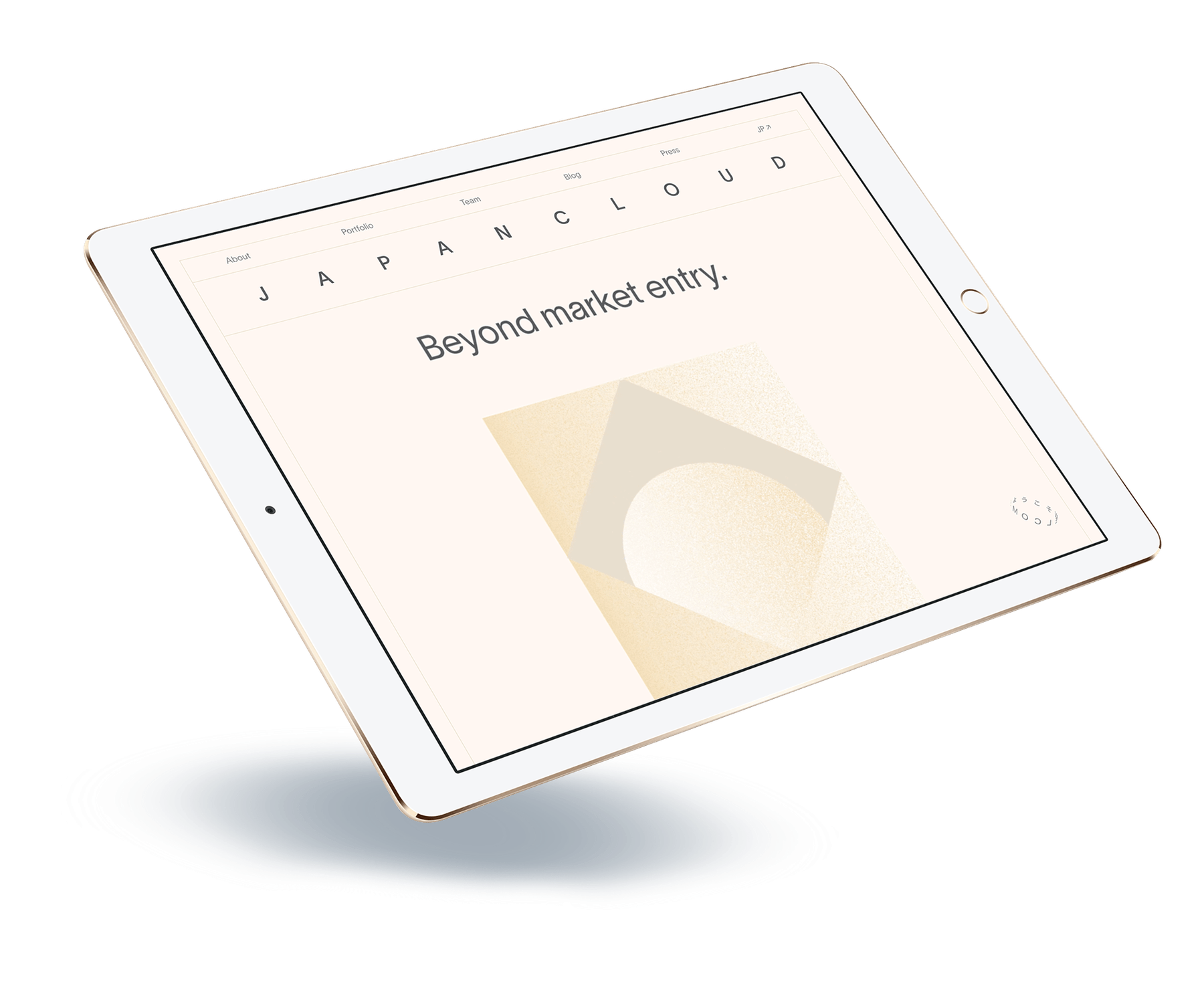 A floating tablet displays a page from the Japan Cloud website with the heading "Beyond market entry."