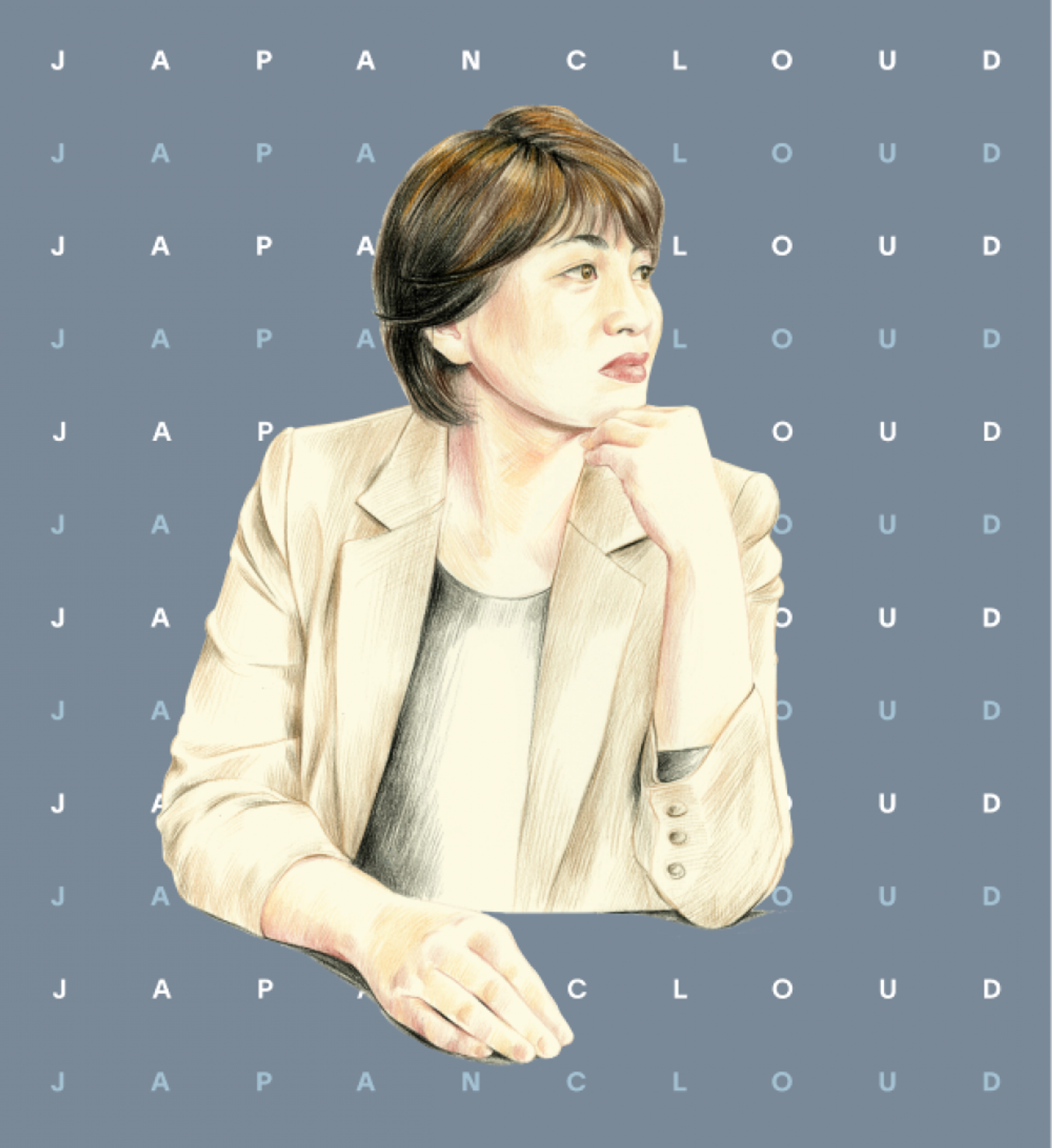 Hand-drawn illustration of a woman wearing a beige blazer and white shirt, resting her chin on her hand, looking to the side.