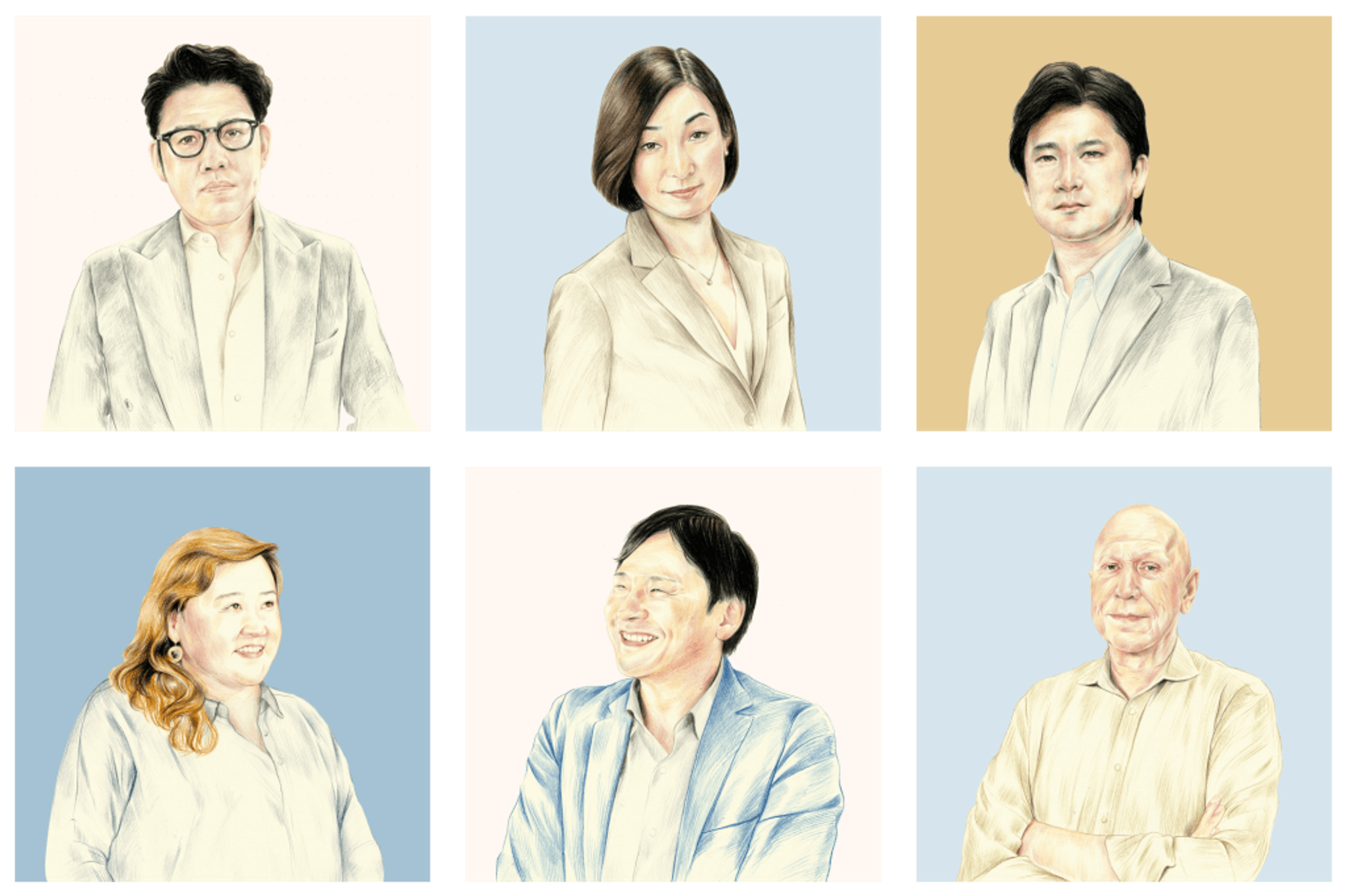 Illustrated portraits of six people wearing light-colored suits in a hand drawn style are arranged in two rows of three.