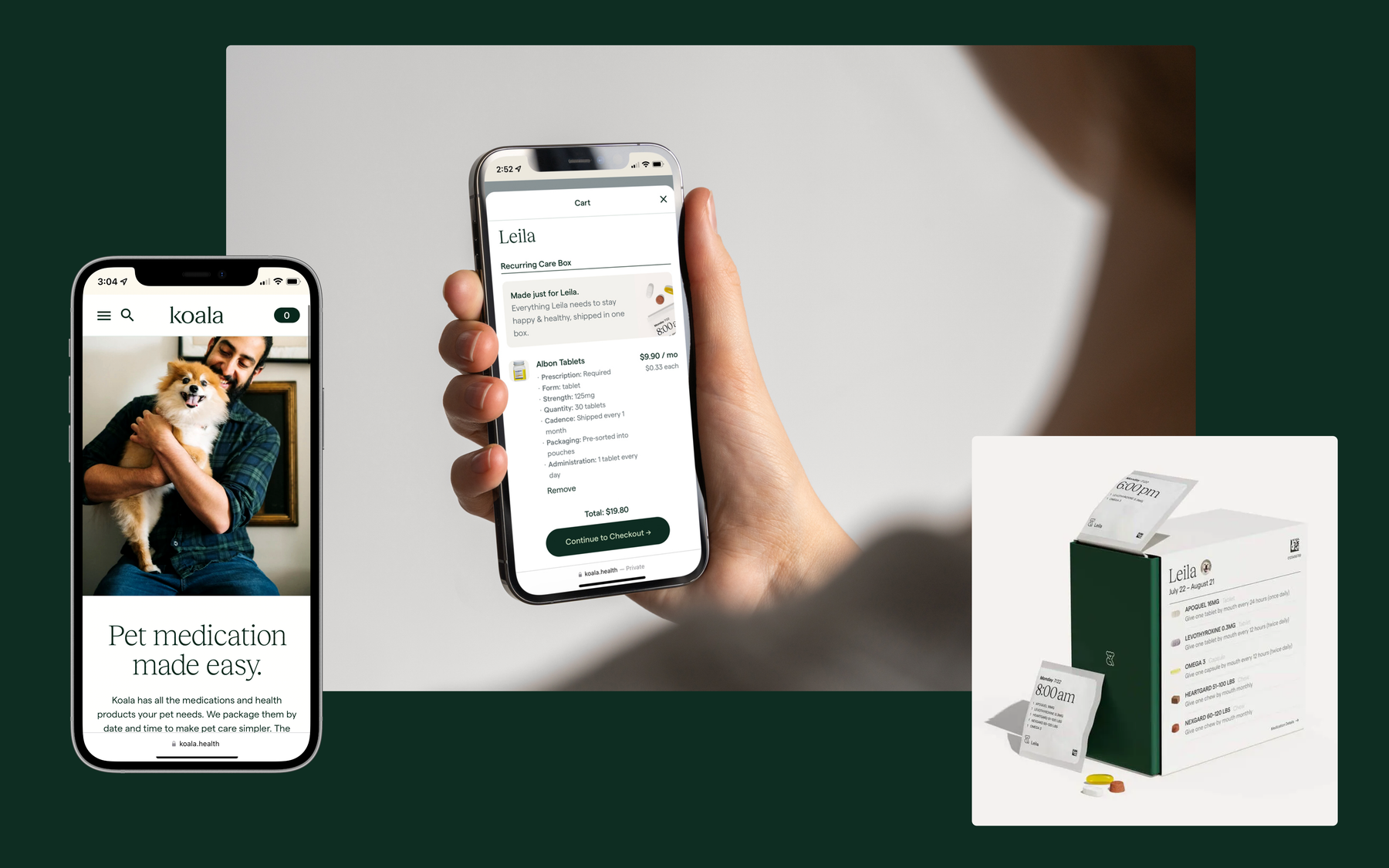 Collage of three images featuring the Koala mobile app and a medication box. Left: Phone displaying app with man holding dog, text "Pet medication made easy." Center: Hand holding phone with "Cart" screen. Right: Medication box with pills and packets.