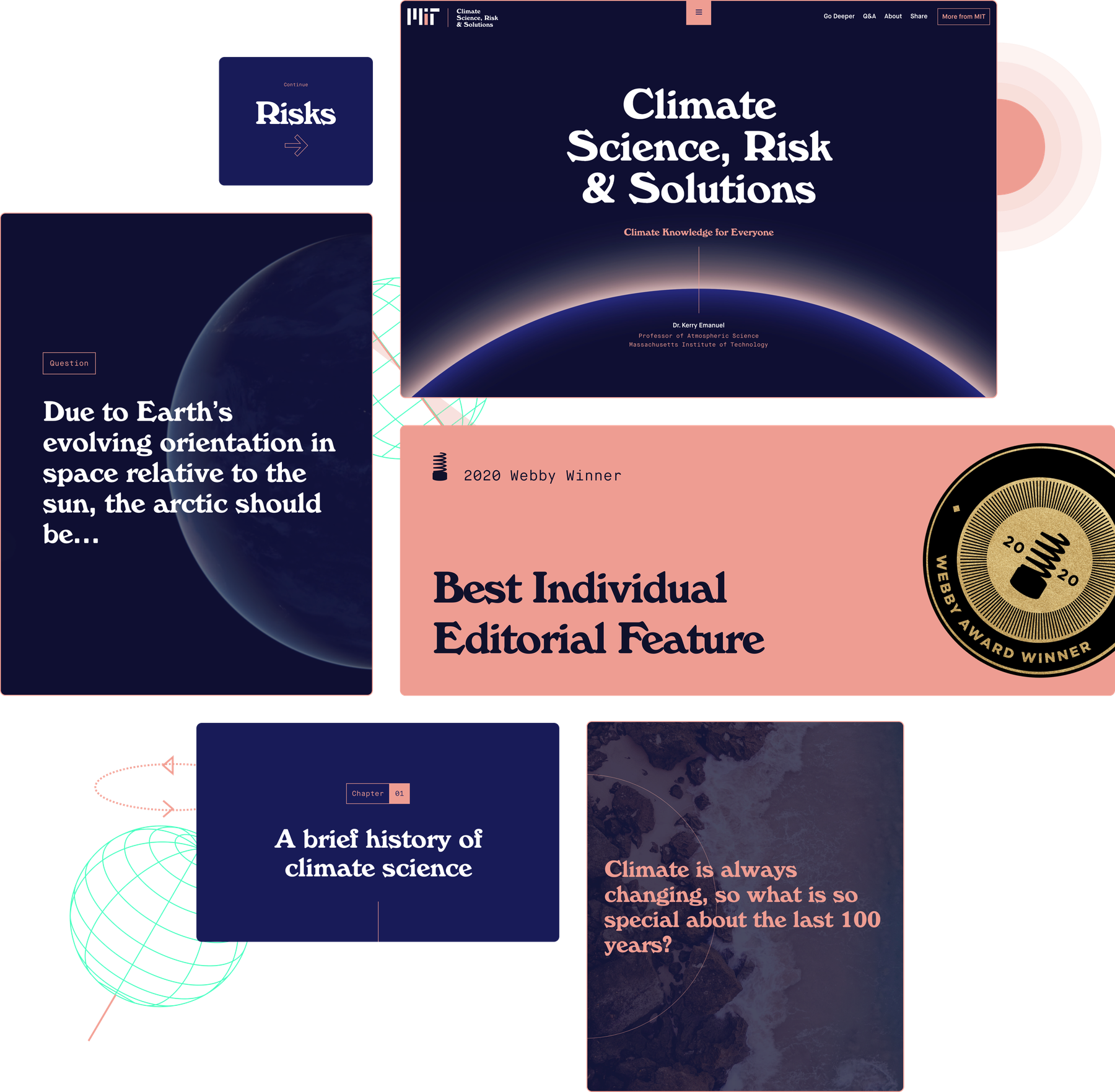 A collage of images related to climate science. Key elements include phrases like "Climate Science, Risk & Solutions," "Due to Earth’s evolving orientation... the arctic should be,” and more.