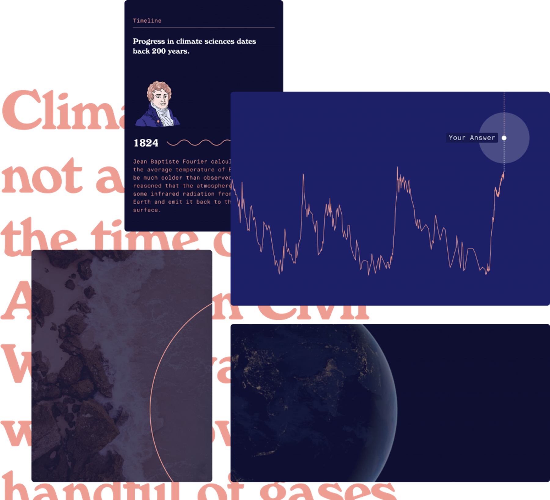 A collage of images includes a timeline slide from 1824 about climate science, a line graph, a close-up of rocky terrain, and a view of Earth from space, overlaid with partially visible text about climate and gases.