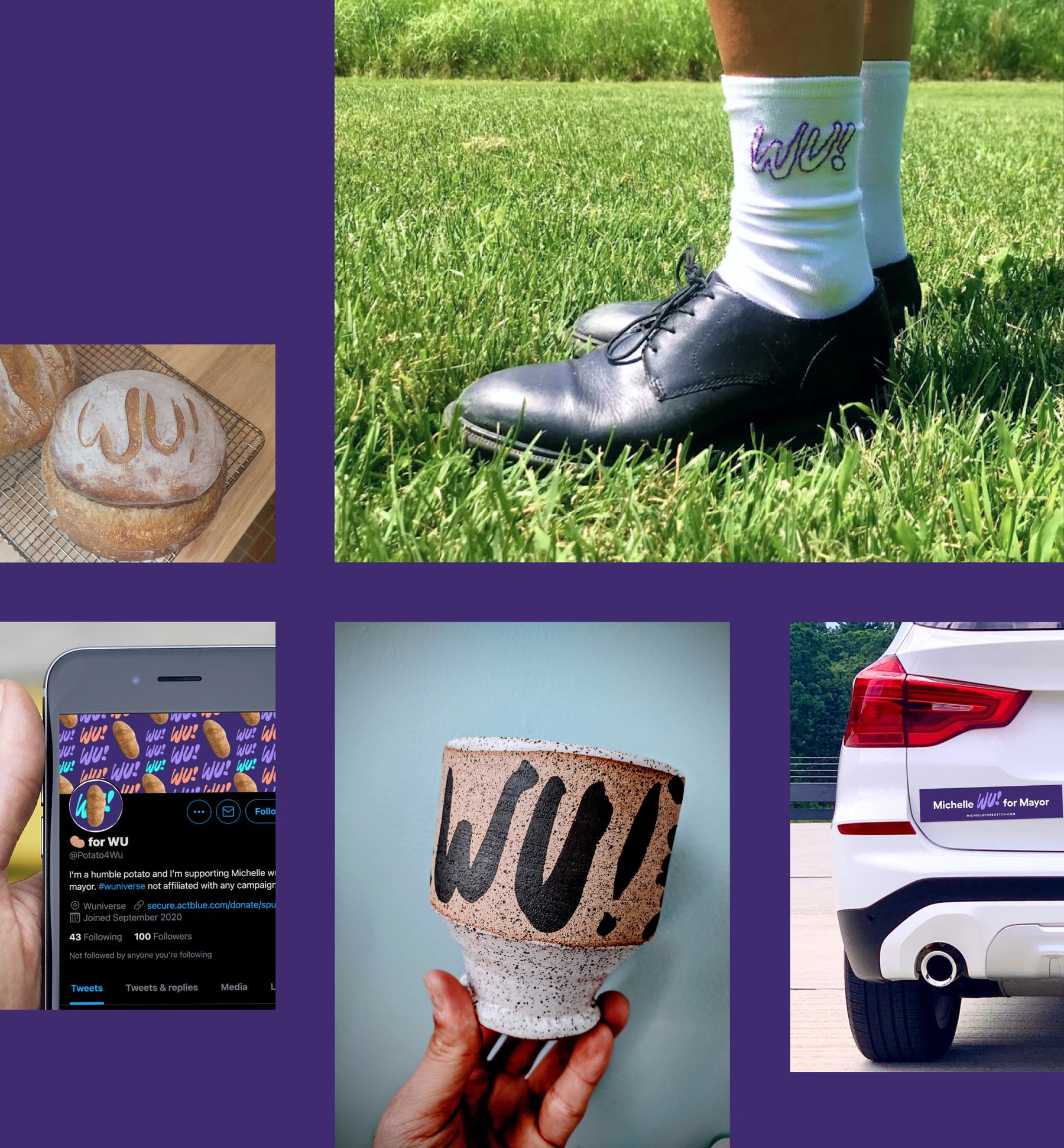 Collage of a pair of white socks with the WU logo worn with black shoes on grass, a crusty bread with the WU logo, the WU Twitter profile shown on a phone, a handmade pottery cup with the WU logo painted, and a car with the WU bumper sticker.