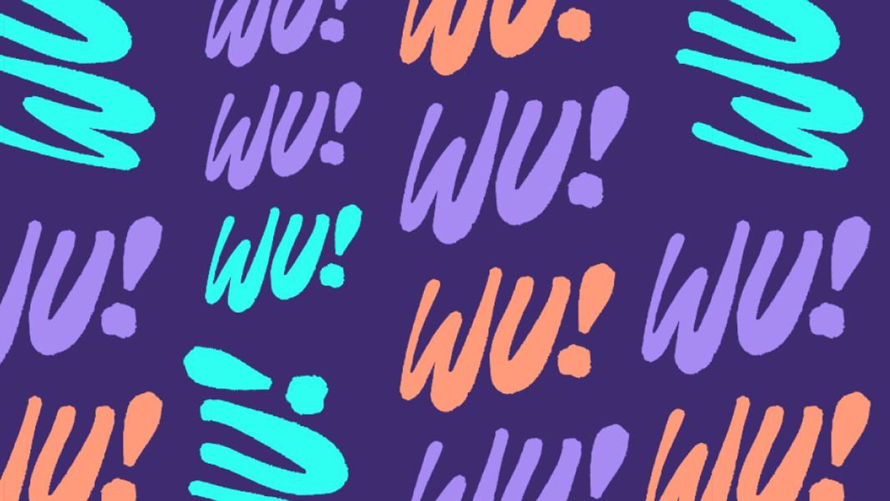 A repeating pattern of the "WU!" brushstroke logo in various colors and orientations.