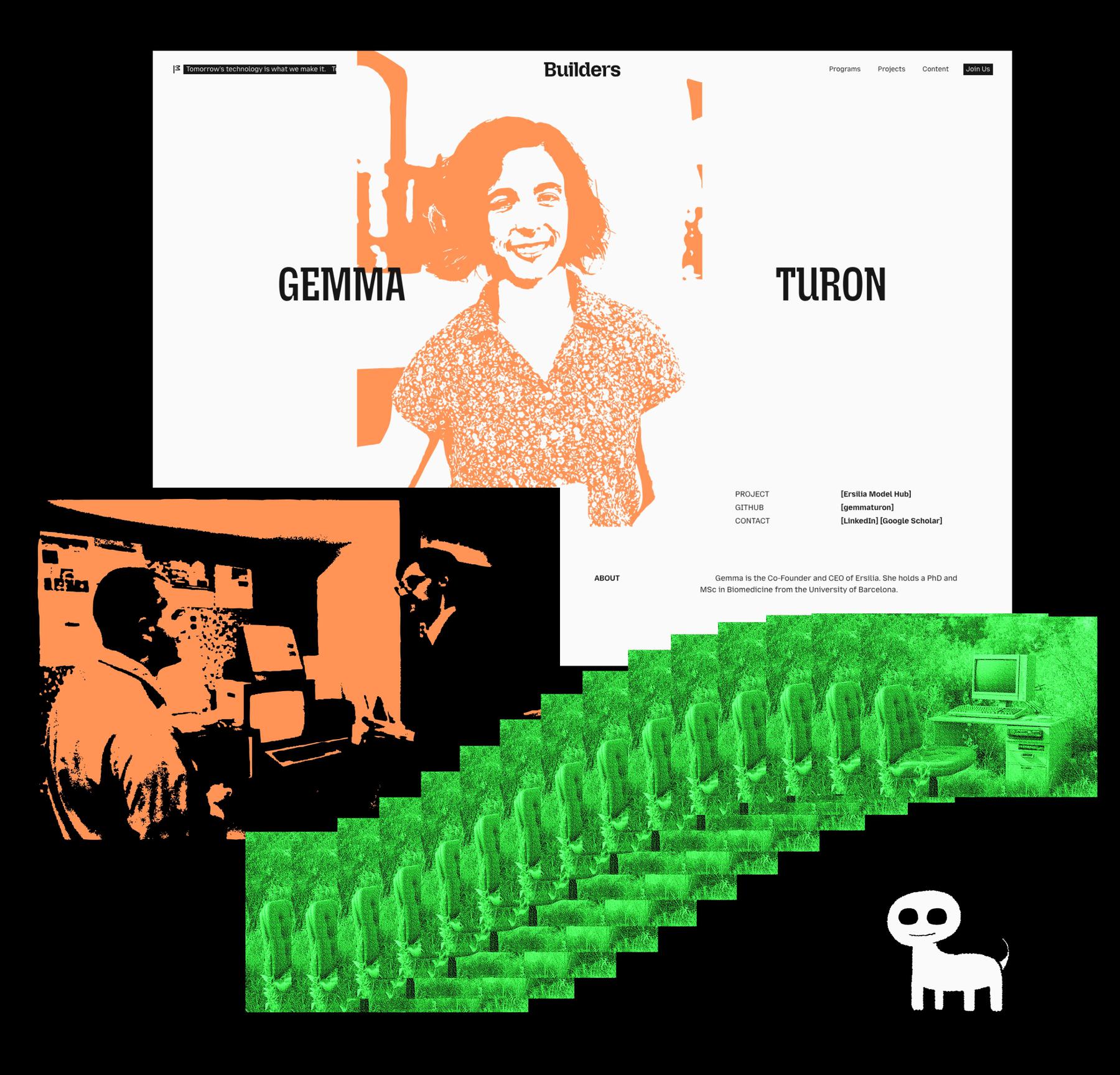 Collage showing screens, illustrations, and photos from the Mozilla Builders brand.