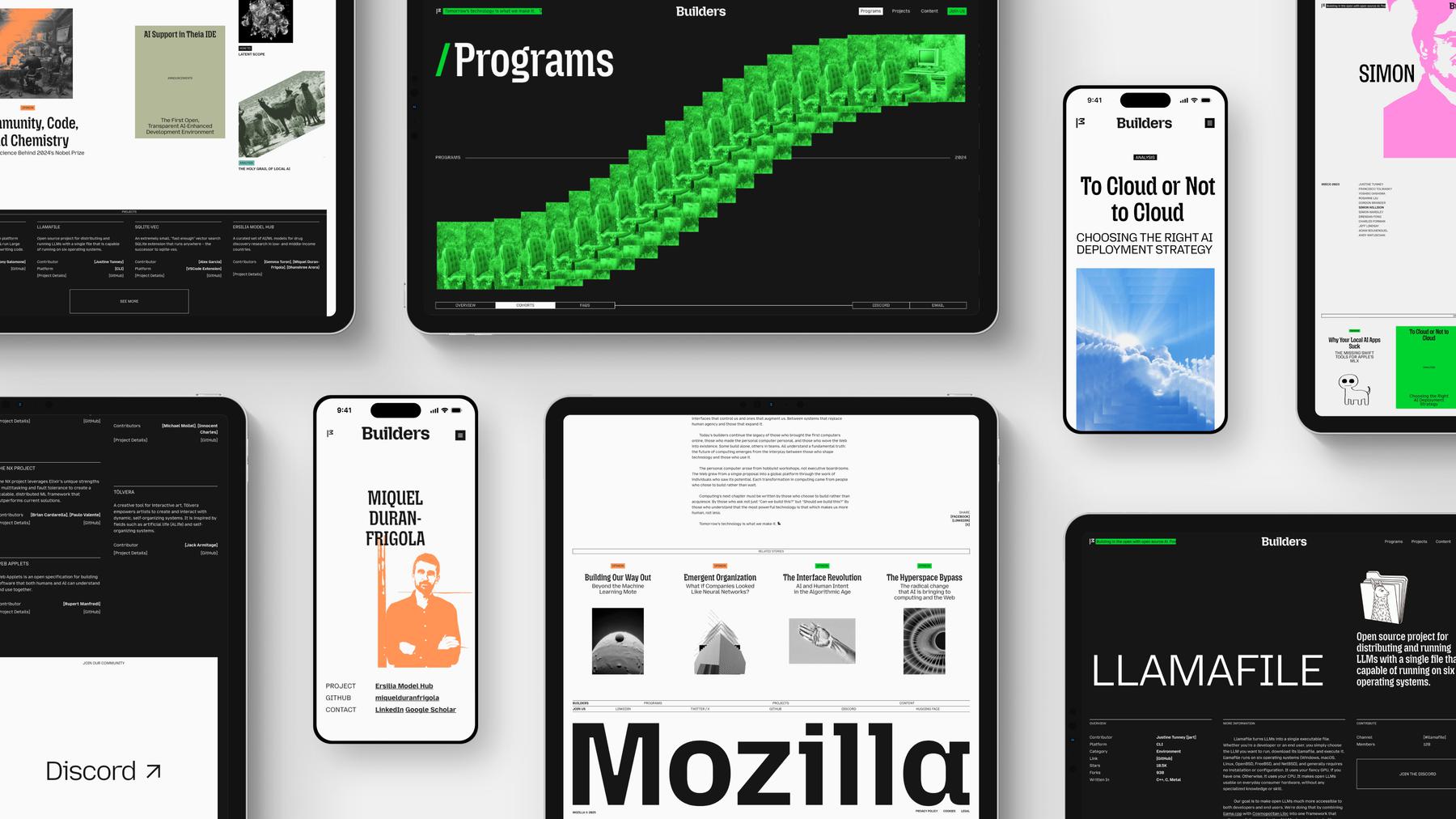 A set of screens showing different parts of the Mozilla Builders website.
