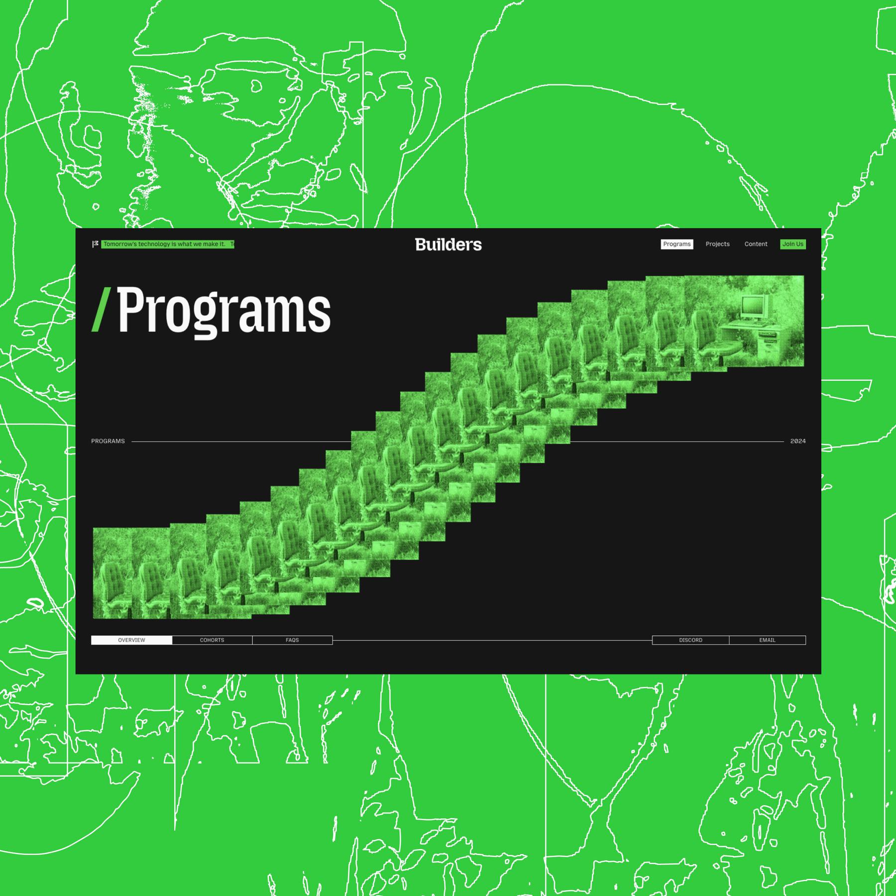 A screen from the Mozilla Builders website on top of an illustrated background.