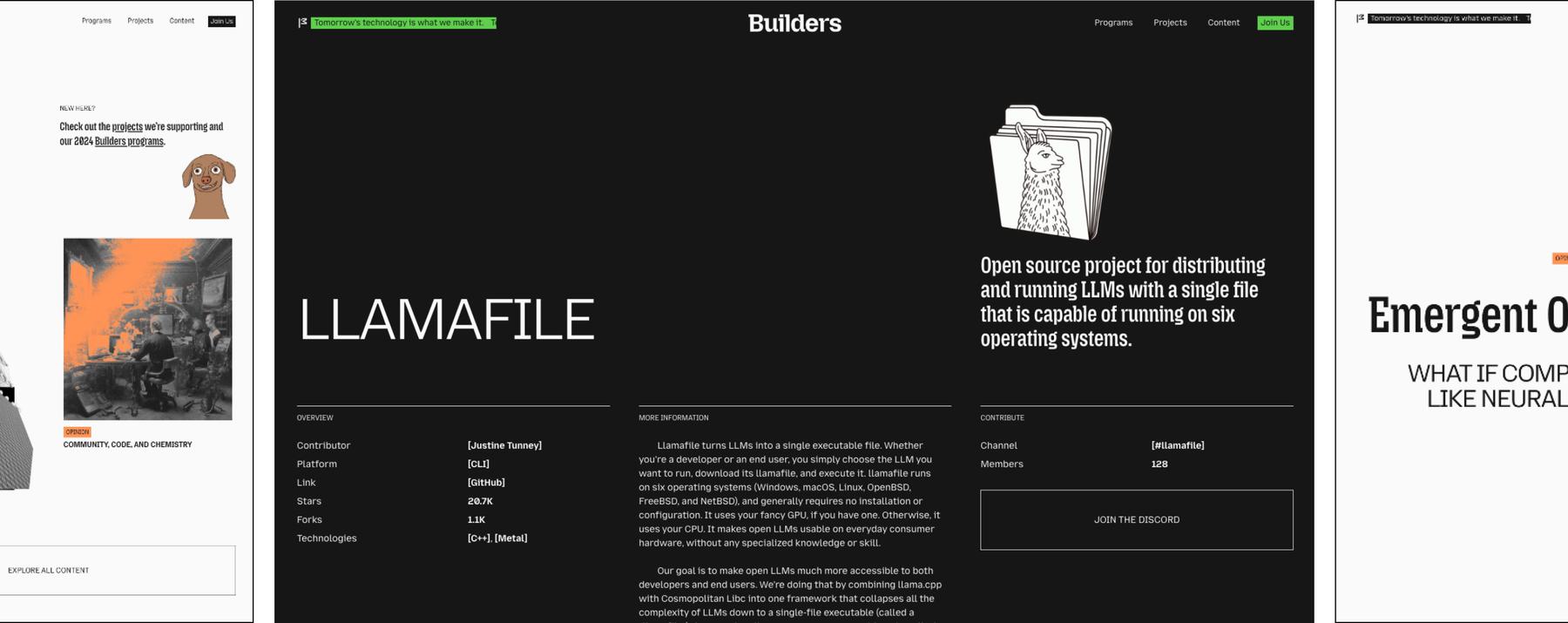 Three web pages from the Mozilla Builders site.