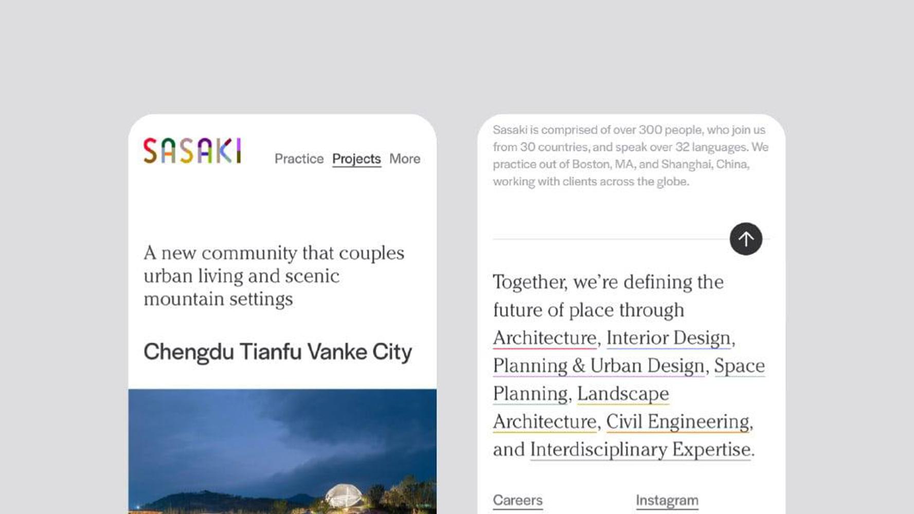 Two mobile screens display the Sasaki website. The left screen highlights "A new community that couples urban living and scenic mountain settings: Chengdu Tianfu Vanke City." The right screen describes Sasaki as a global design firm with expertise in various disciplines.
