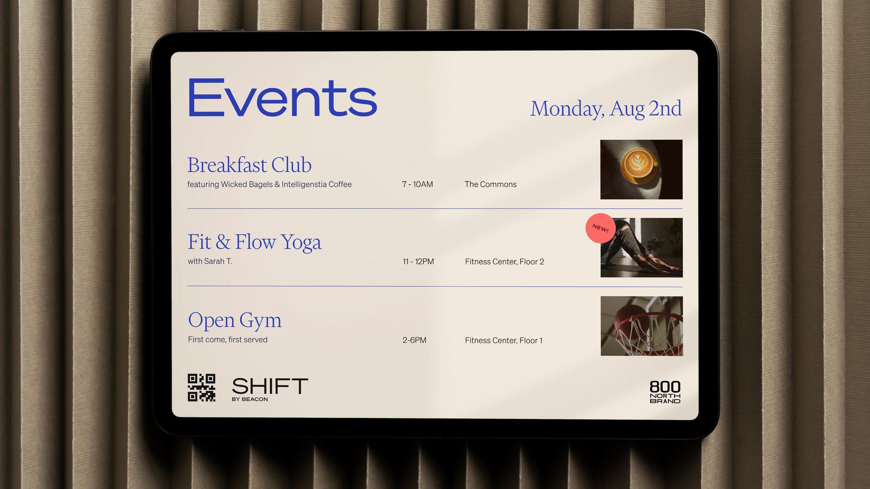 A tablet shows events on the Shift by Beacon app.