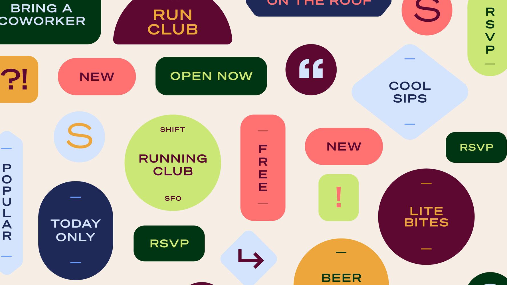 A colorful collage of stickers with various shapes and labels with phrases like "Bring a Coworker," "Run Club," "New," and "Open Now".