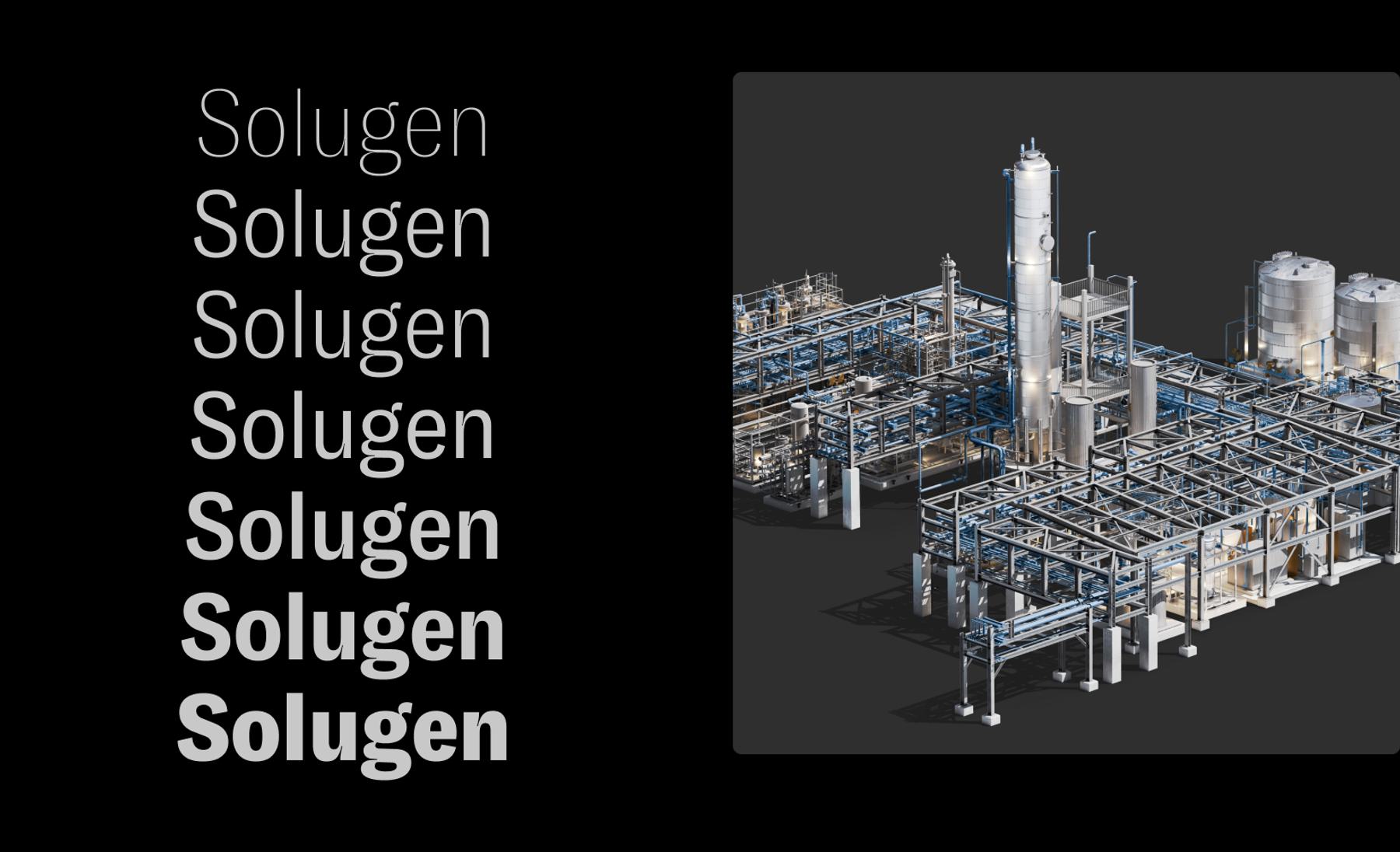 The word "Solugen" repeated multiple times in different font weights, alongside an illustration of an industrial chemical plant.