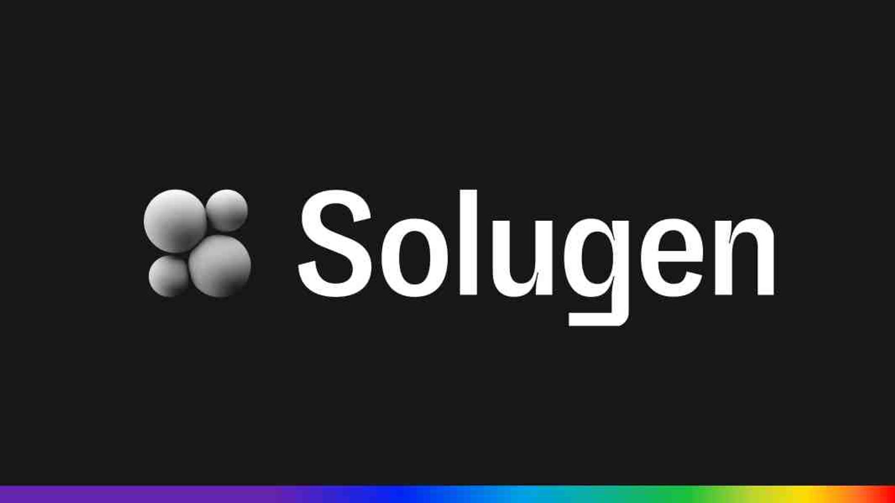 The logo of Solugen, consisting of four shaded spheres forming a triangular cluster, followed by the company name "Solugen" in bold white text against a solid black background. A colorful gradient line in purple, blue, green, and yellow is at the bottom.
