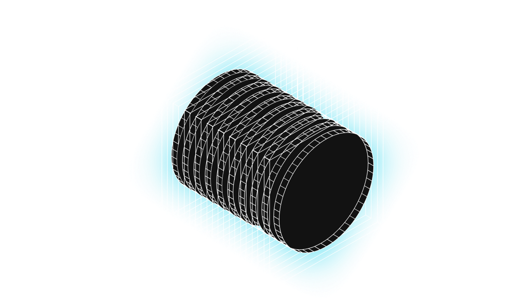 A schematic drawing of a cylindrical object, surrounded by a series of blue rectangular outlines.