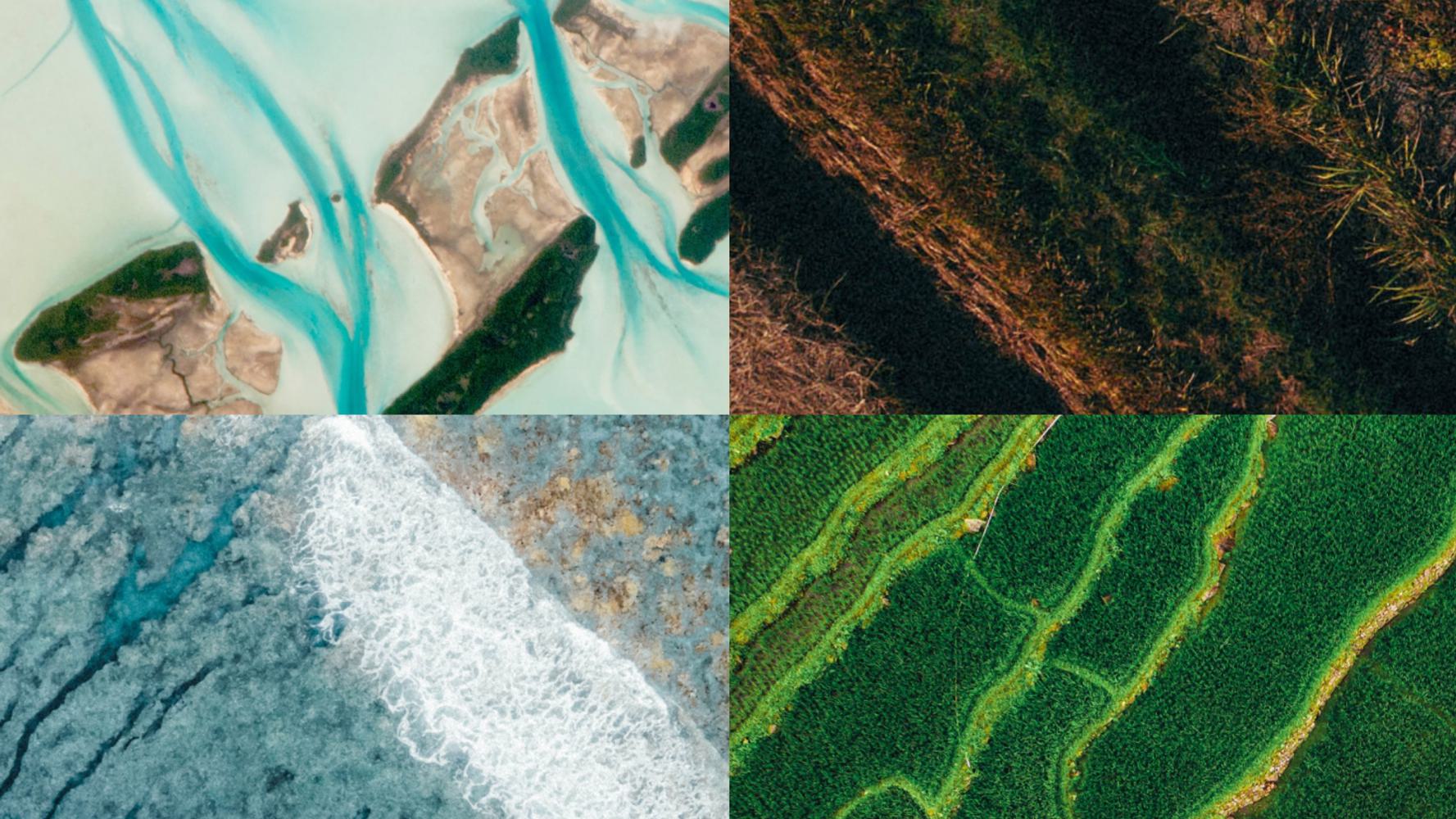 A collage of four aerial landscape photos: top left shows meandering turquoise waters, top right shows a patch of green vegetation, bottom left shows waves crashing on the shore, and bottom right shows lush green terraced fields.