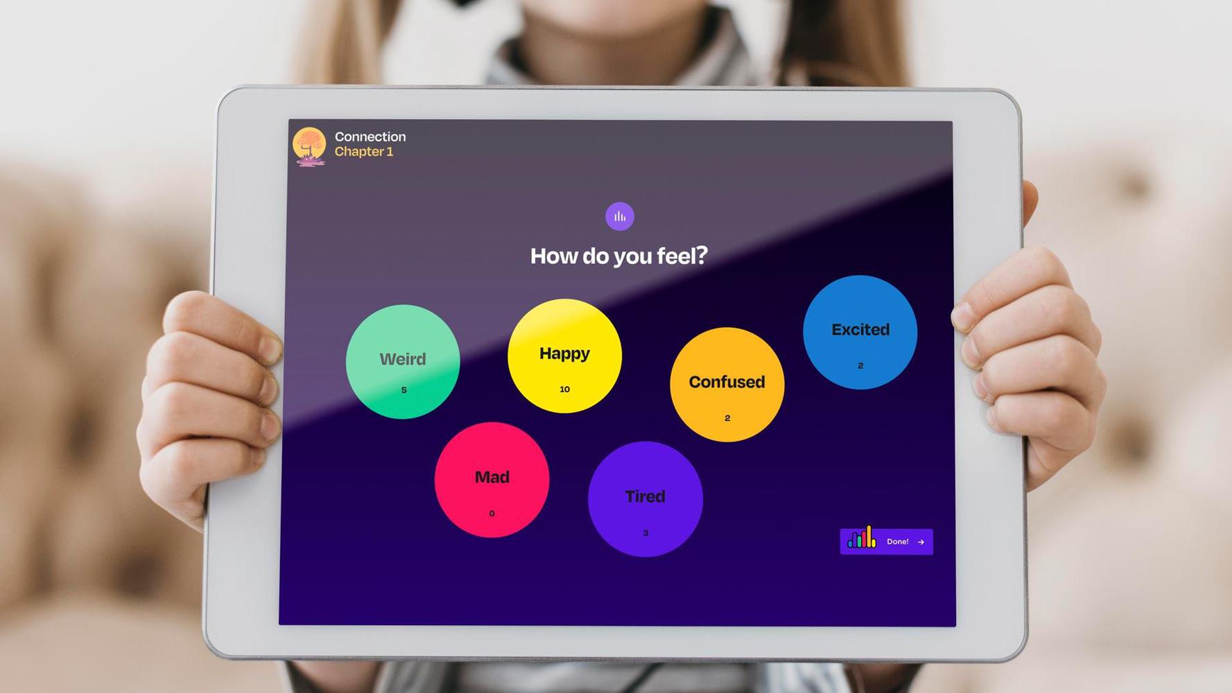A child holds a tablet displaying a screen with the question "How do you feel?" The options are "Weird," "Happy," "Confused," "Excited," "Mad," and "Tired," each in different colored circles.
