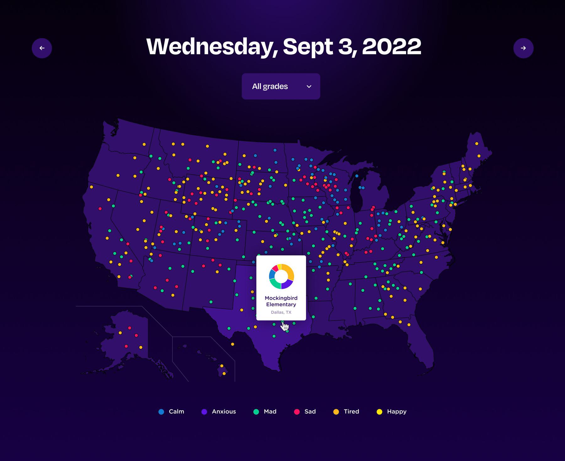 A map of the United States displaying various emotion data points for Wednesday, Sept 3, 2022 for all grades. The states are dotted with multi-colored points for Calm, Anxious, Mad, Sad, Tired, and Happy. A highlighted point in Mockingbird Delaney, Texas shows a pie chart with the same colors.