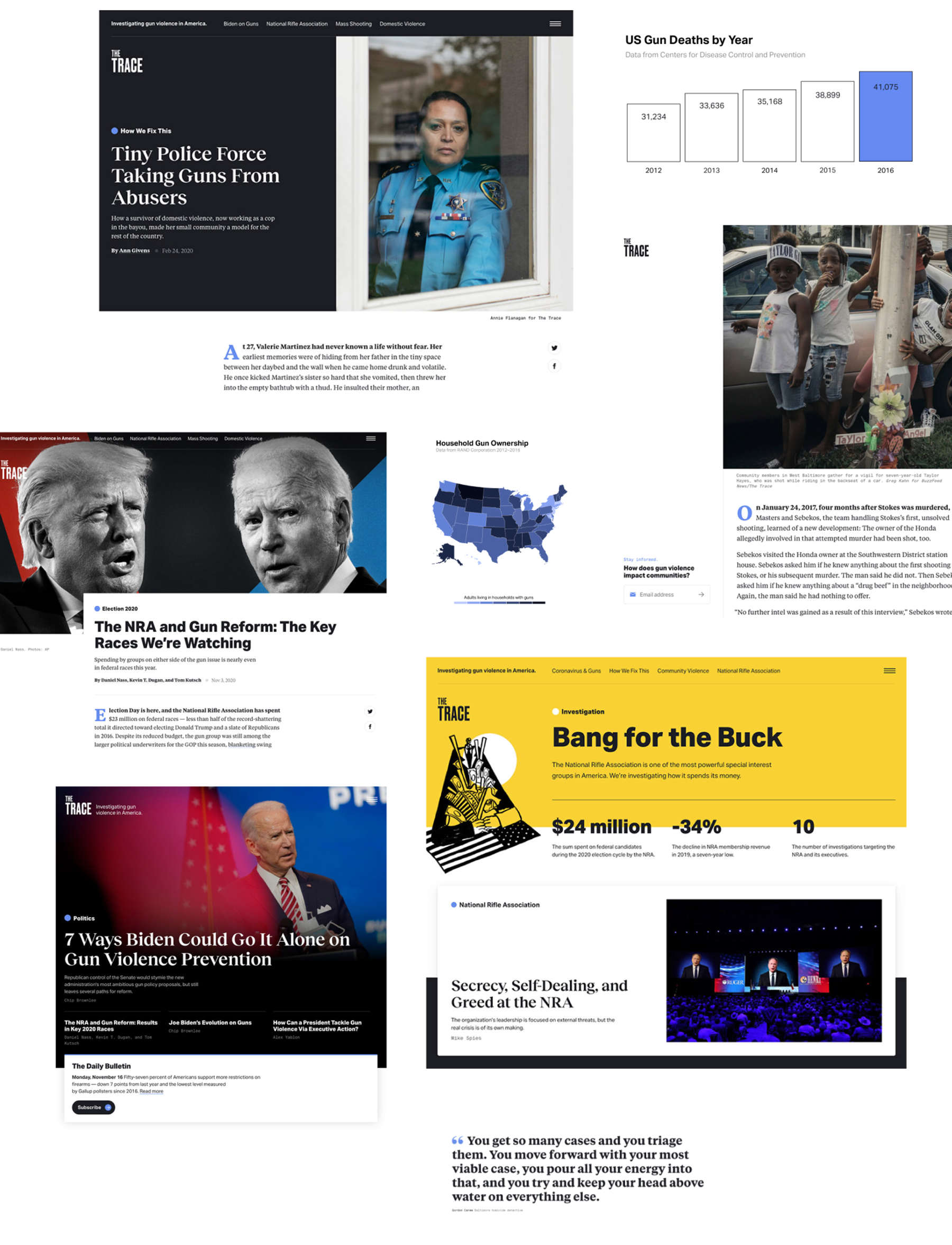 A collage of images and graphs about gun violence in the US.