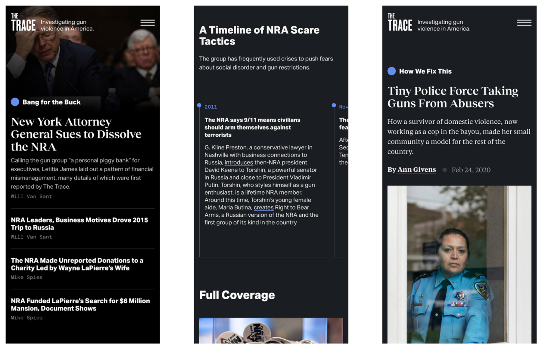 A collage of three news articles from The Trace website on mobile.