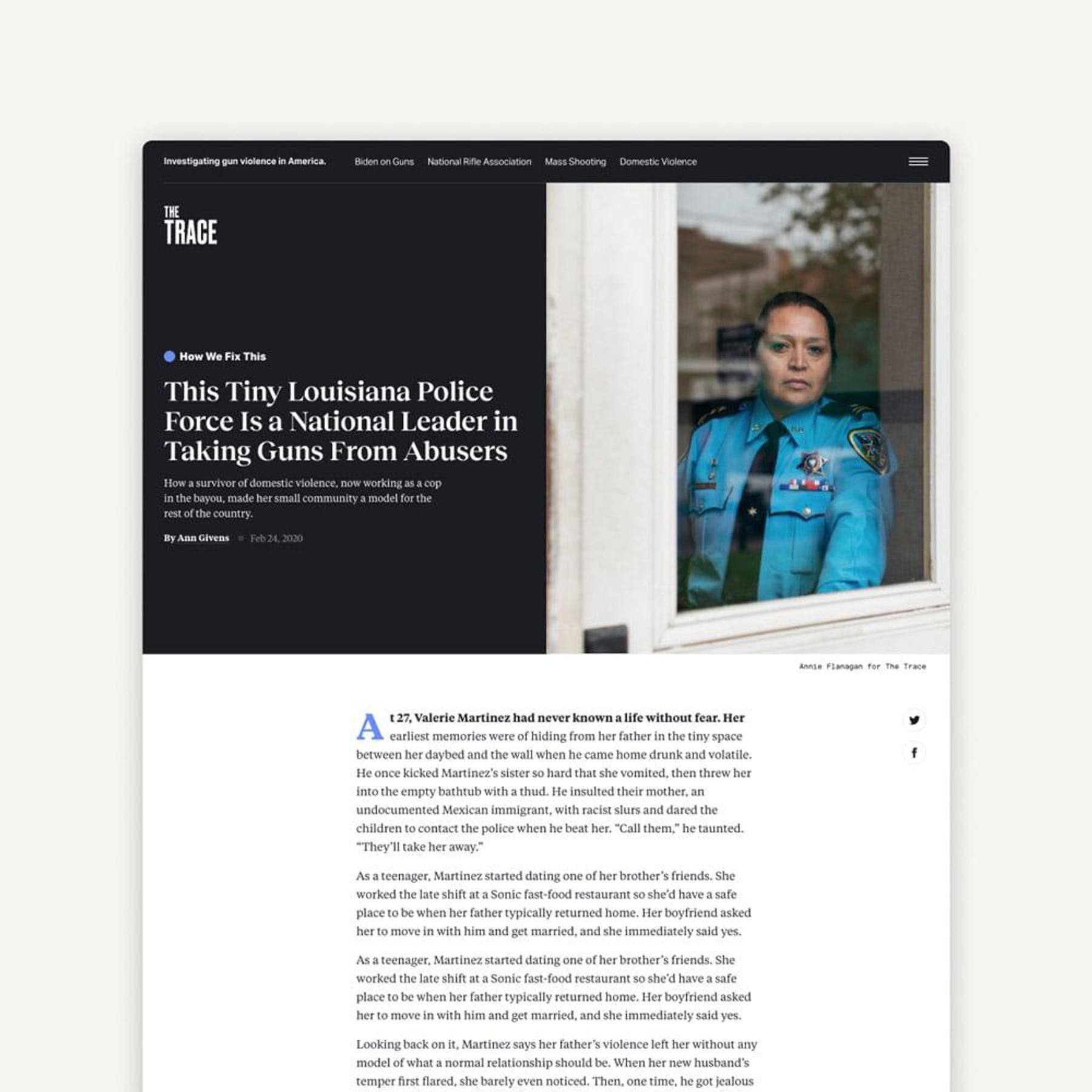 An article from the Trace website titled "This Tiny Louisiana Police Force Is a National Leader in Taking Guns From Abusers".