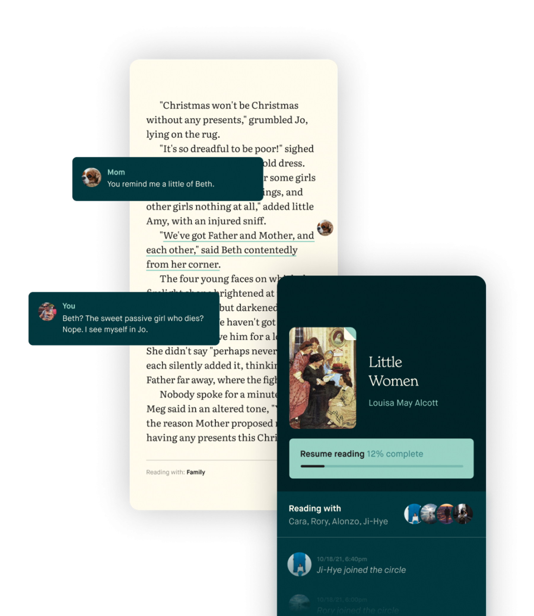 A book on the Threadable app alongside avatars and comments from users reading together.