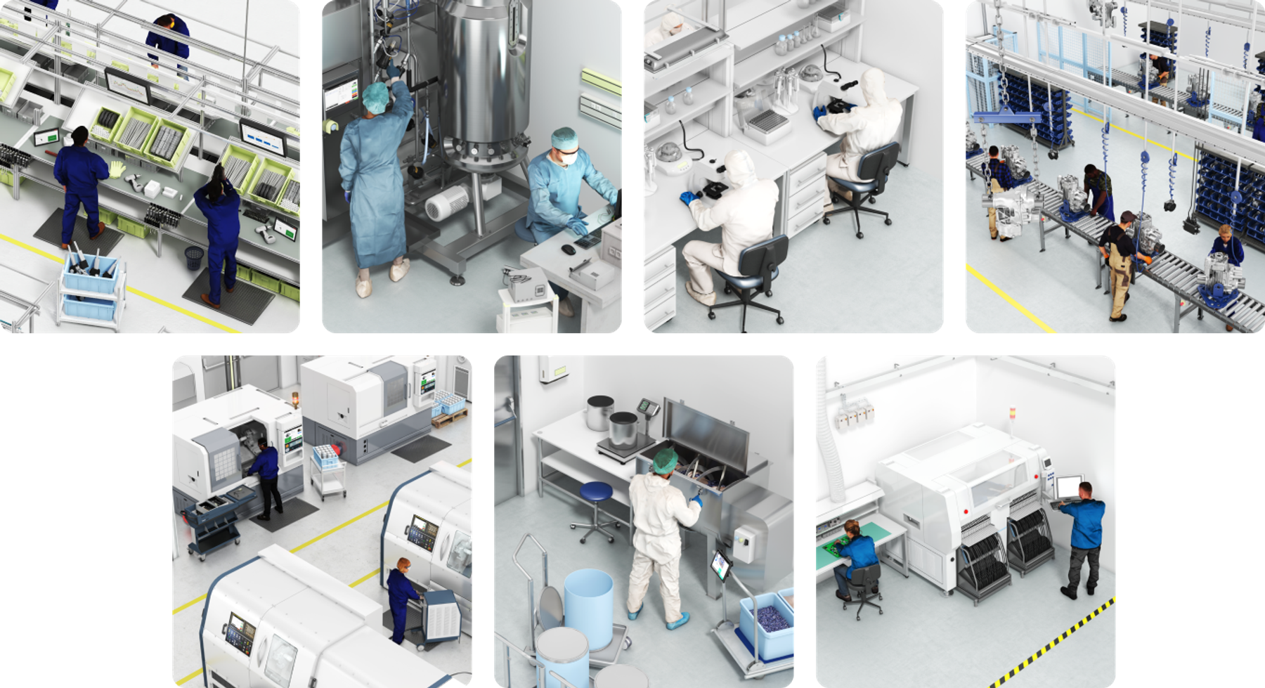 Collage of diverse laboratory and industrial scenes: scientists in lab coats working on computers and machinery, operators managing production processes, and technicians performing quality control.