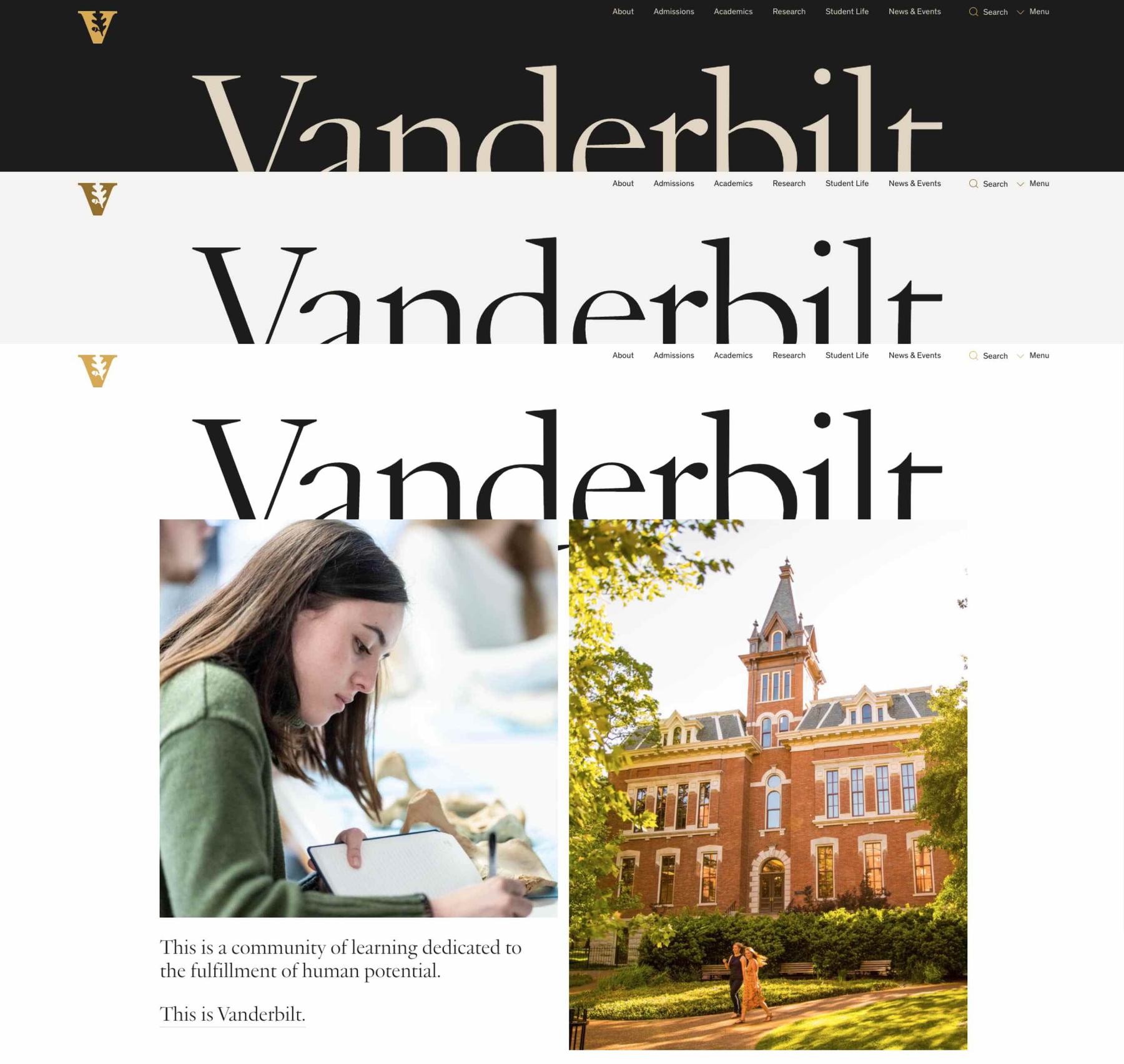Pages from the Vanderbilt University's website overlapping and featuring "Vanderbilt" as a prominent heading and a student writing in a notebook on the left side and a historic campus building surrounded by greenery on the right side.